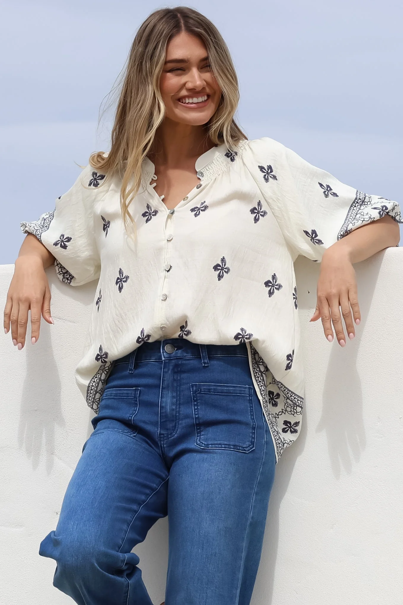 Alicia Top - Mandarin Collar Buttoned-Down Top in Sahara Print Navy - Image 3
