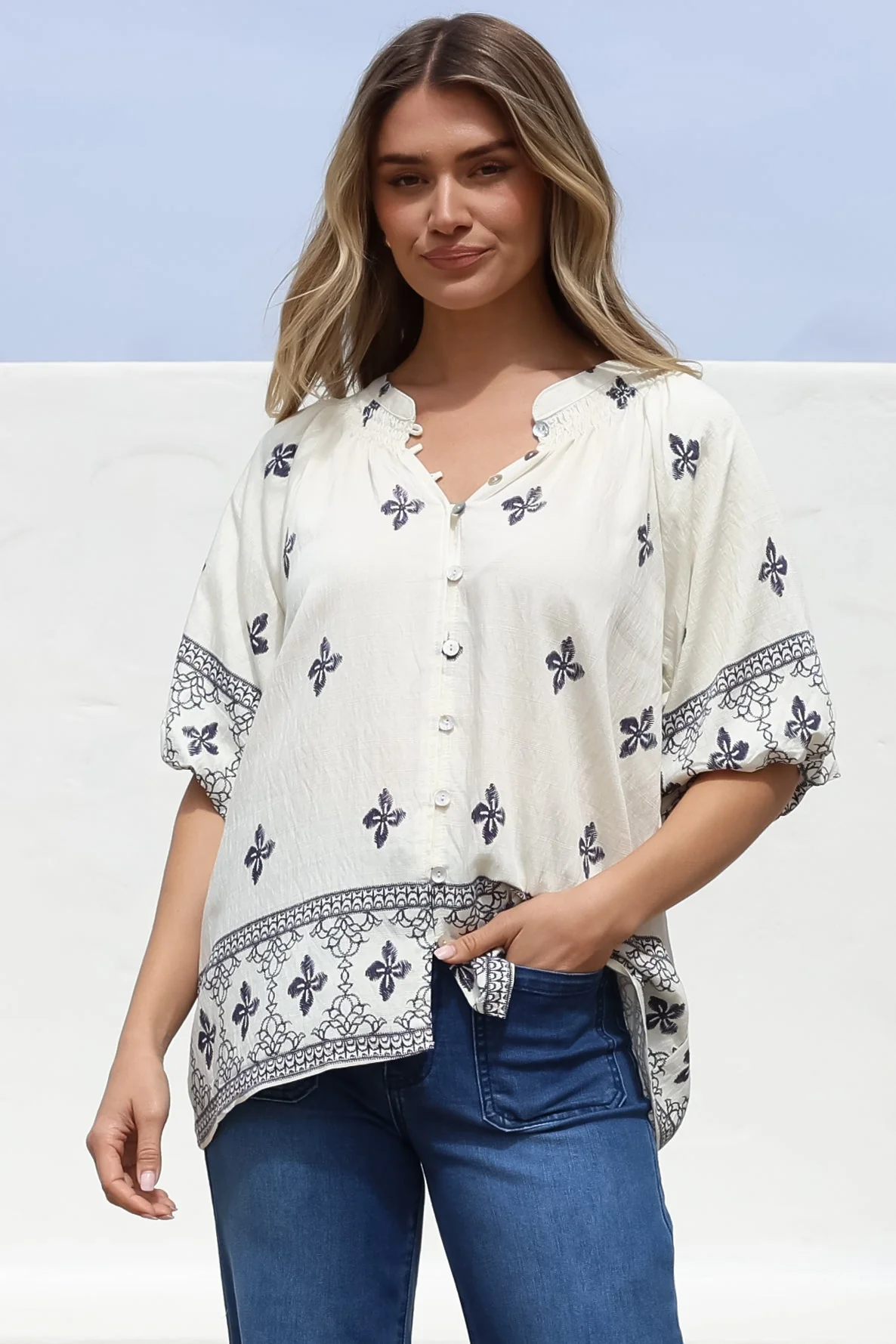Alicia Top - Mandarin Collar Buttoned-Down Top in Sahara Print Navy - Image 5