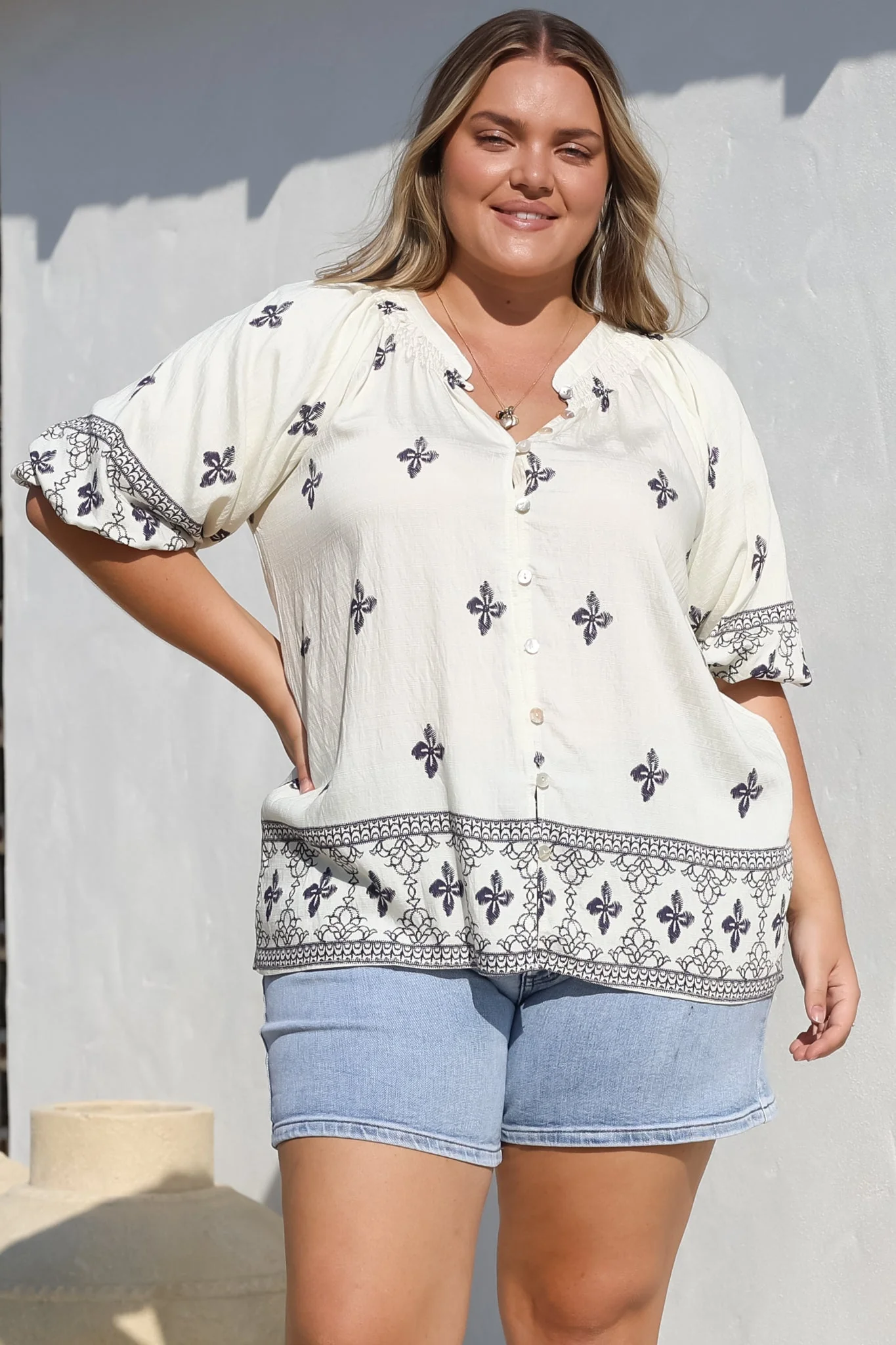 Alicia Top - Mandarin Collar Buttoned-Down Top in Sahara Print Navy - Image 8