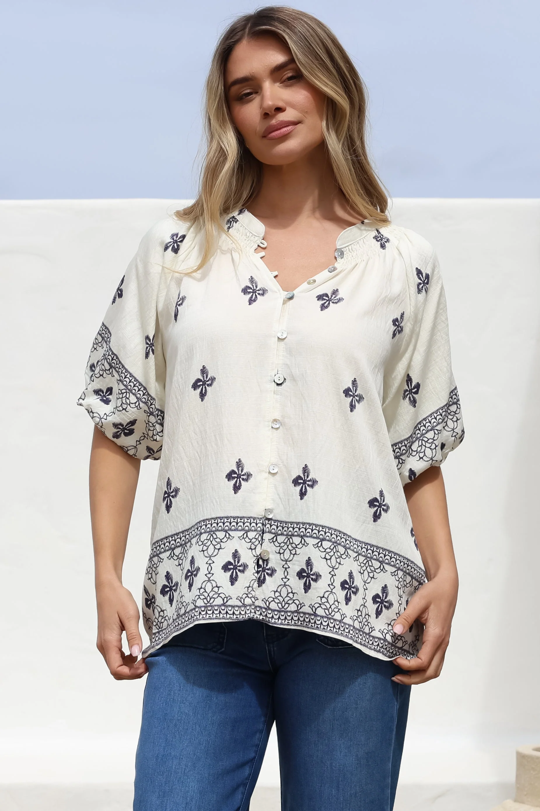 Alicia Top - Mandarin Collar Buttoned-Down Top in Sahara Print Navy - Image 9