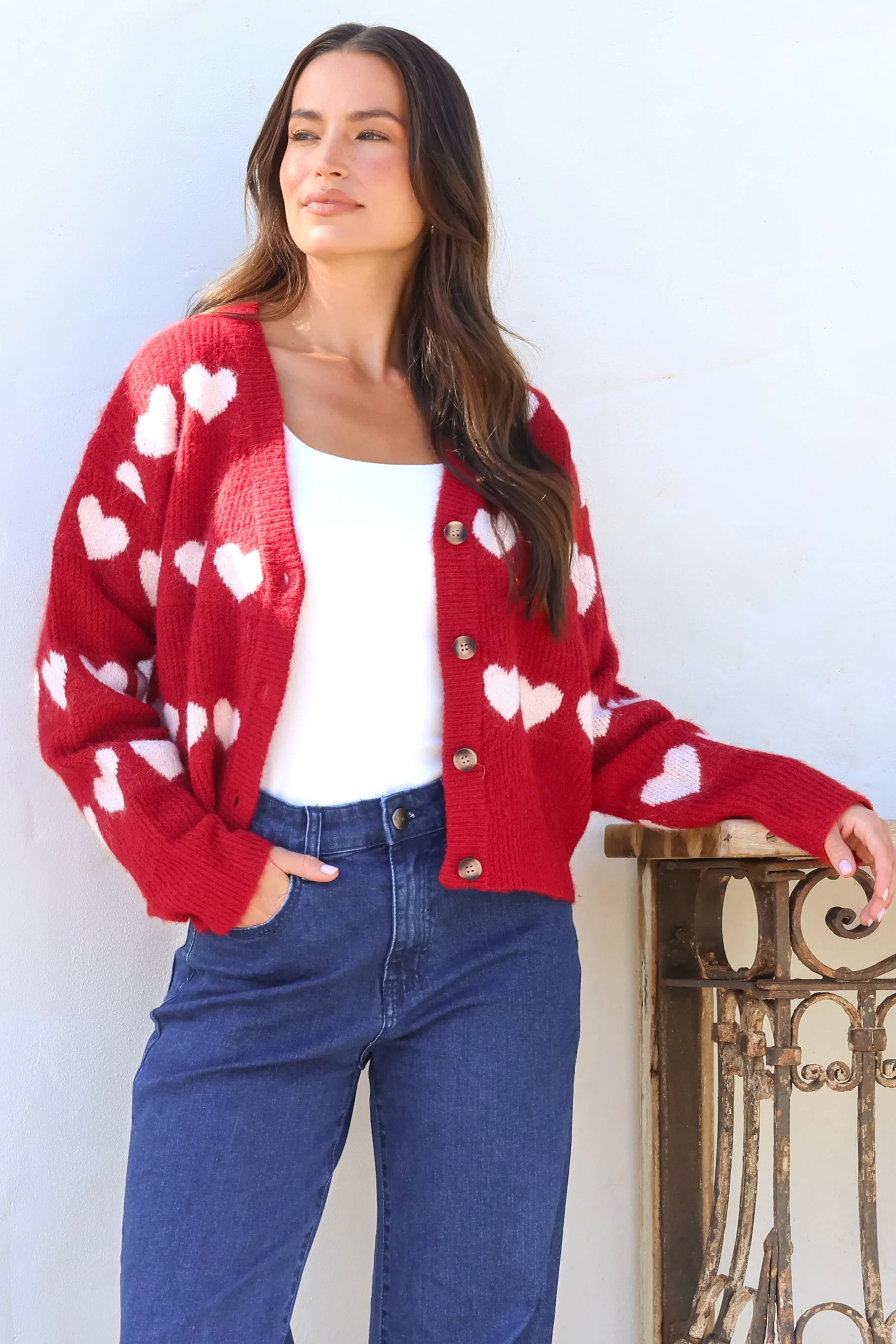 Allaria Cardigan - V-Neck Button Front Heart Motif Knit in Red - Image 6