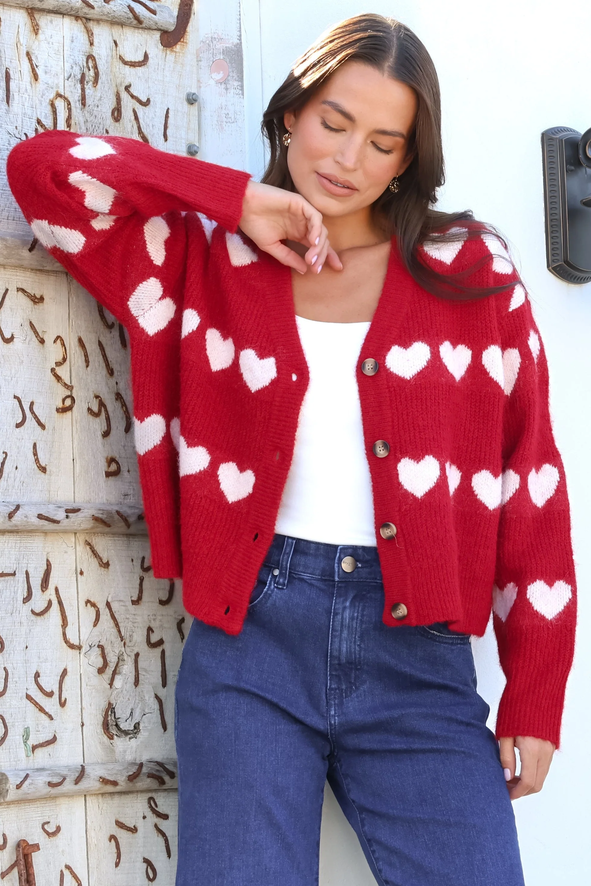 Allaria Cardigan - V-Neck Button Front Heart Motif Knit in Red - Image 7