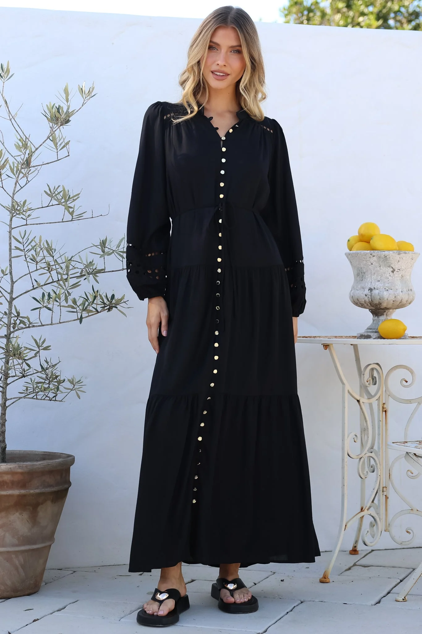 Alyce Maxi Dress - Mandarin Collar Button Down with Detachable Waist Tie in Black - Image 3