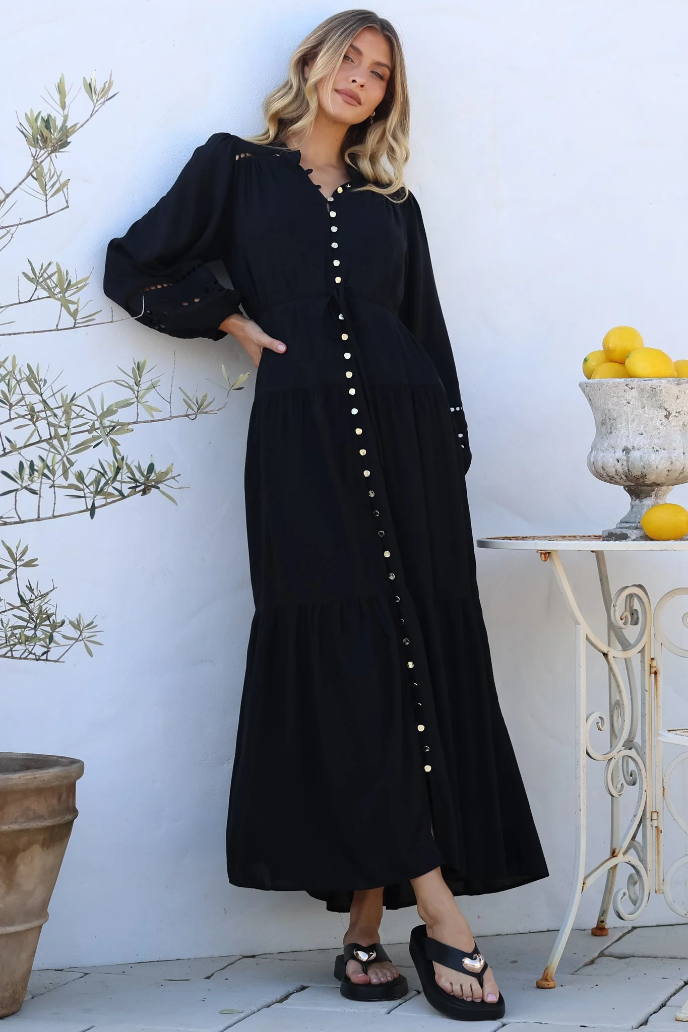Alyce Maxi Dress - Mandarin Collar Button Down with Detachable Waist Tie in Black - Image 4