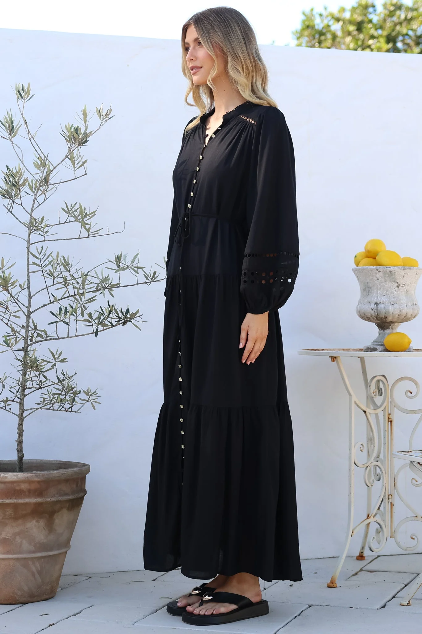 Alyce Maxi Dress - Mandarin Collar Button Down with Detachable Waist Tie in Black - Image 5