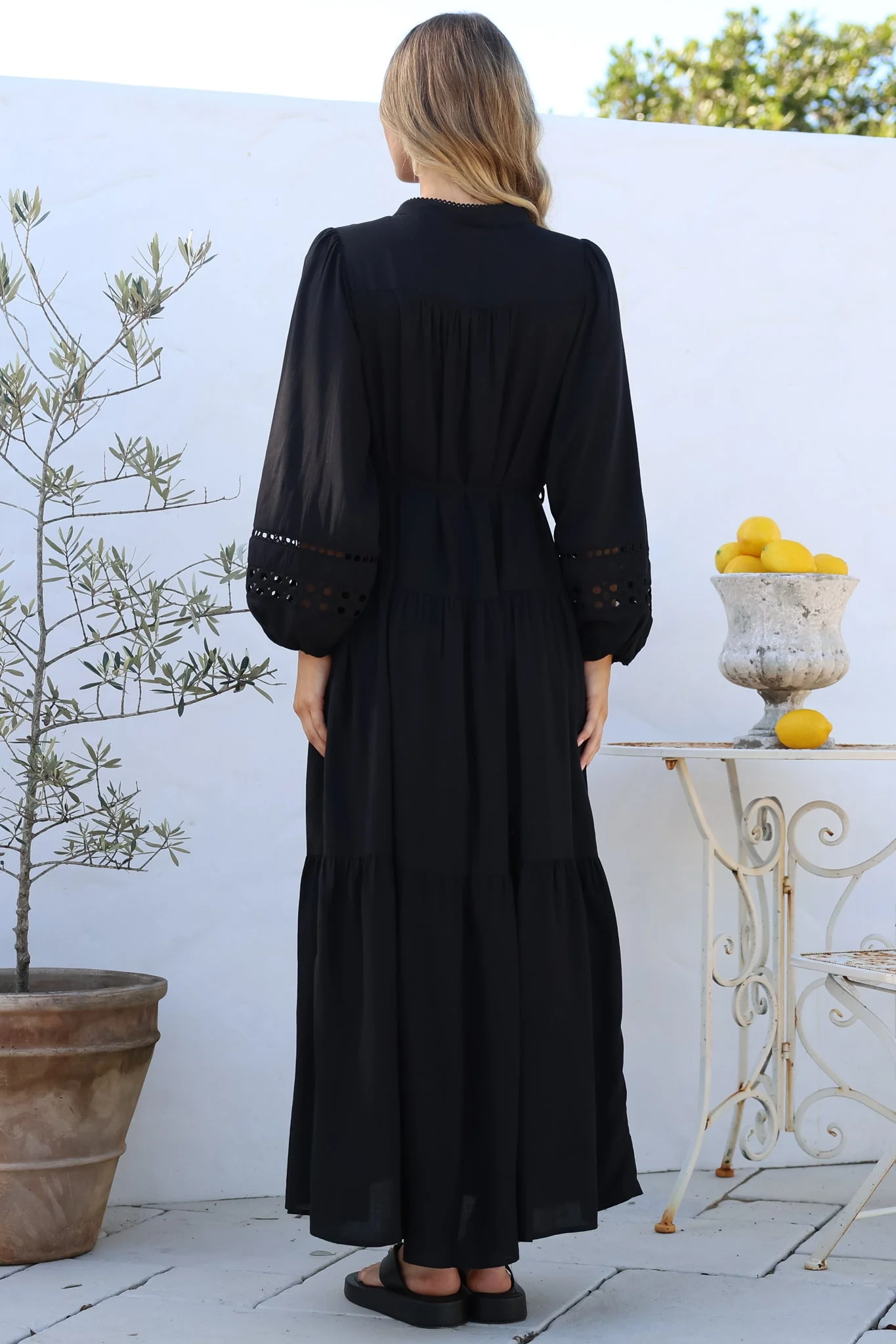 Alyce Maxi Dress - Mandarin Collar Button Down with Detachable Waist Tie in Black - Image 6