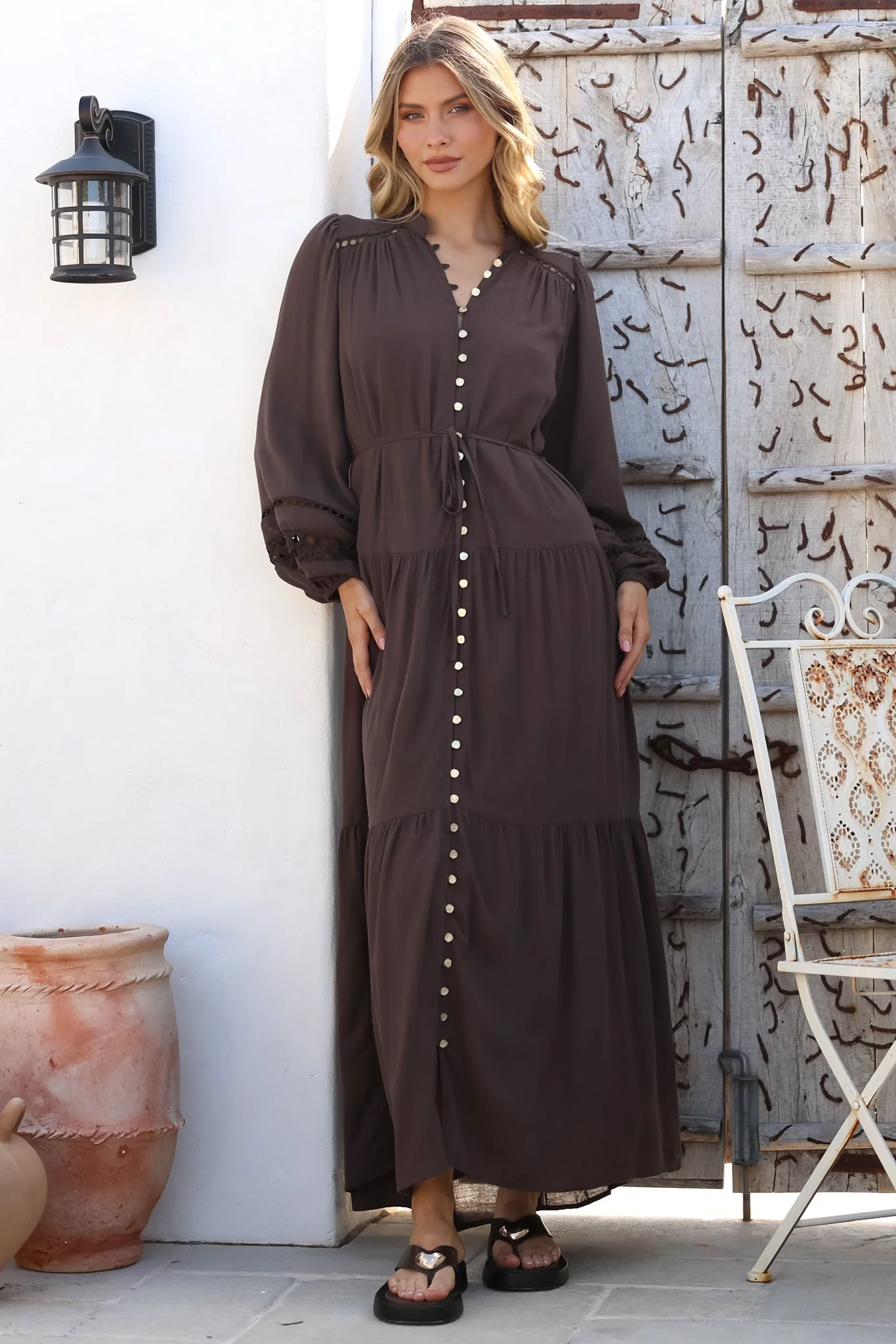 Alyce Maxi Dress - Mandarin Collar Button Down with Detachable Waist Tie in Chocolate