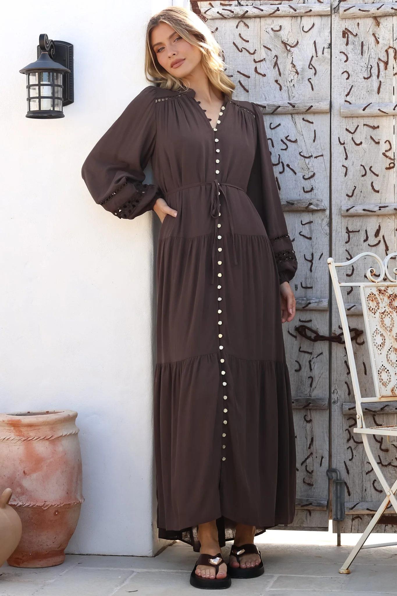 Alyce Maxi Dress - Mandarin Collar Button Down with Detachable Waist Tie in Chocolate - Image 3