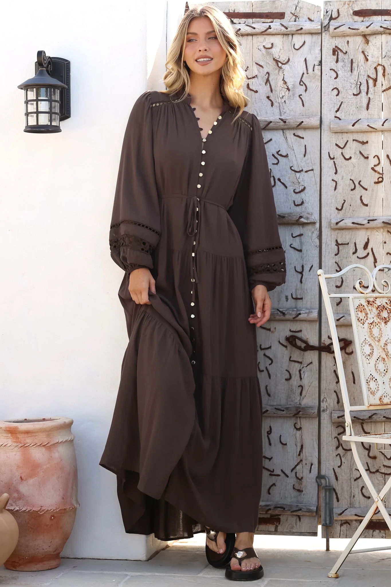 Alyce Maxi Dress - Mandarin Collar Button Down with Detachable Waist Tie in Chocolate - Image 4