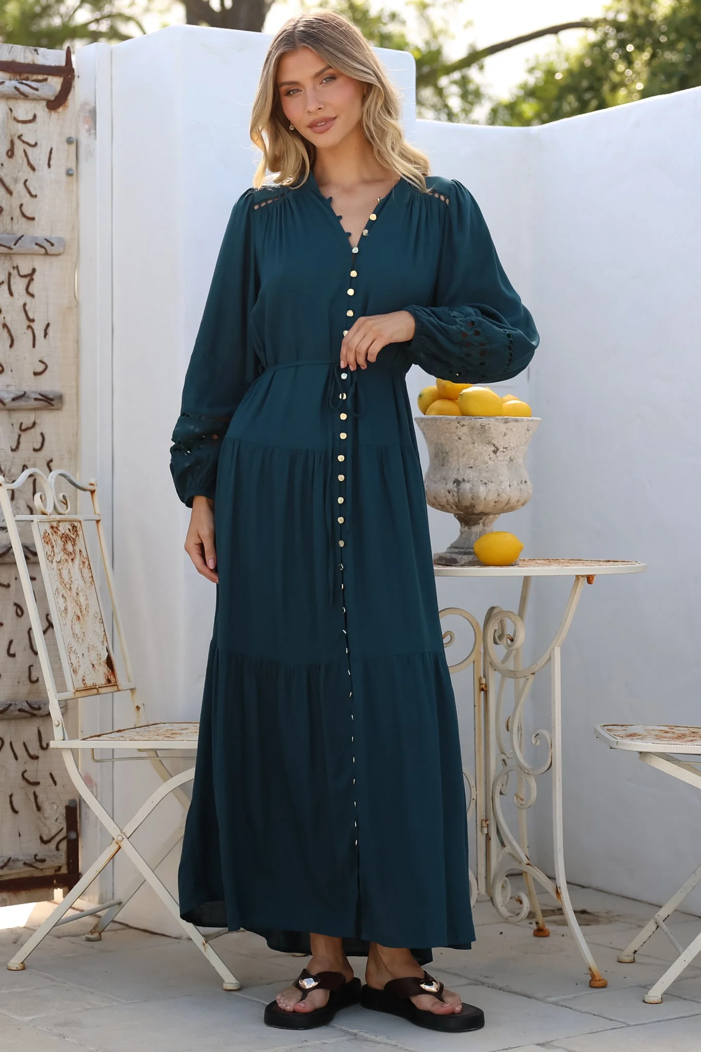 Alyce Maxi Dress - Mandarin Collar Button Down with Detachable Waist Tie in Emerald - Image 2