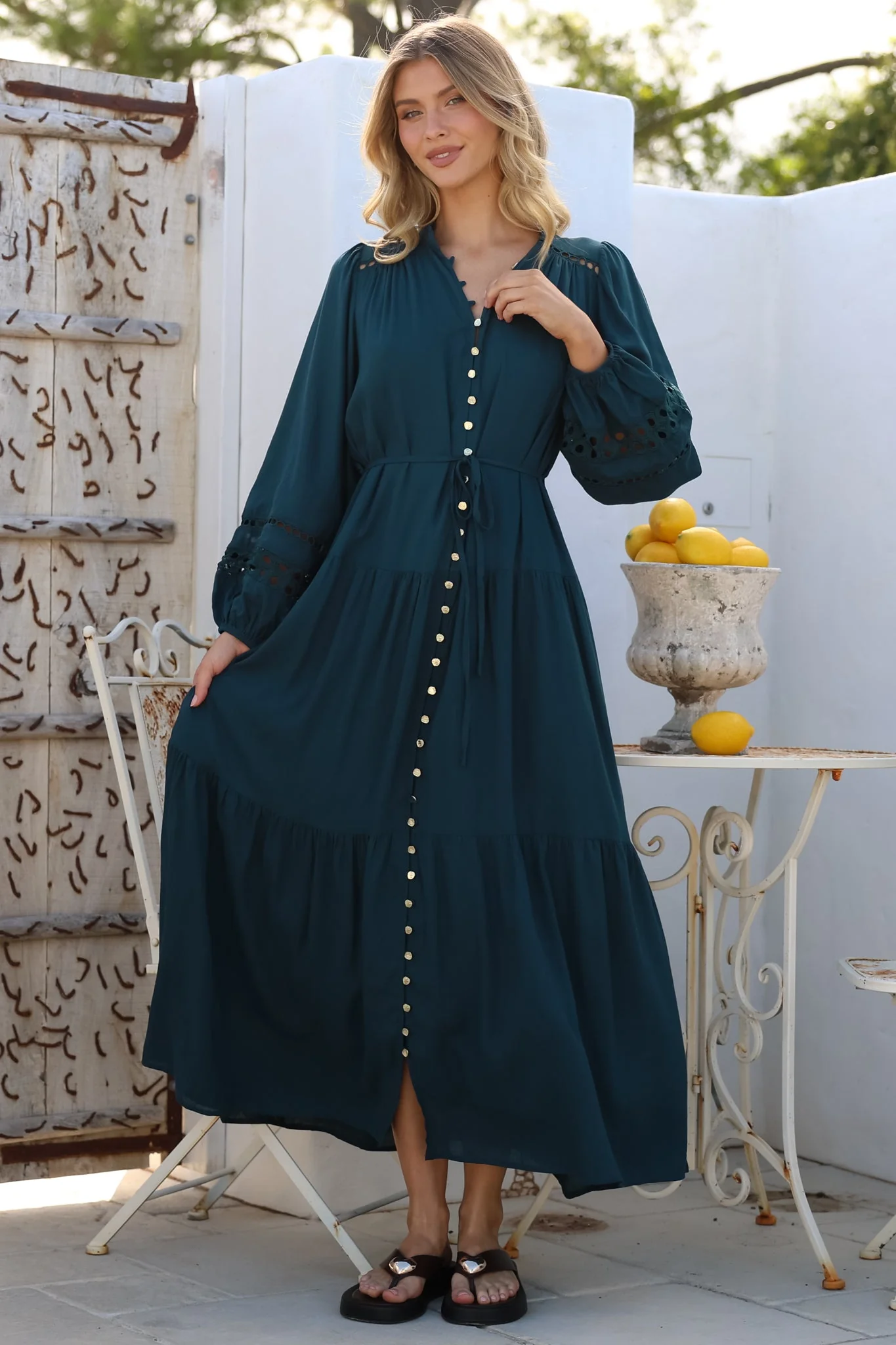 Alyce Maxi Dress - Mandarin Collar Button Down with Detachable Waist Tie in Emerald - Image 4