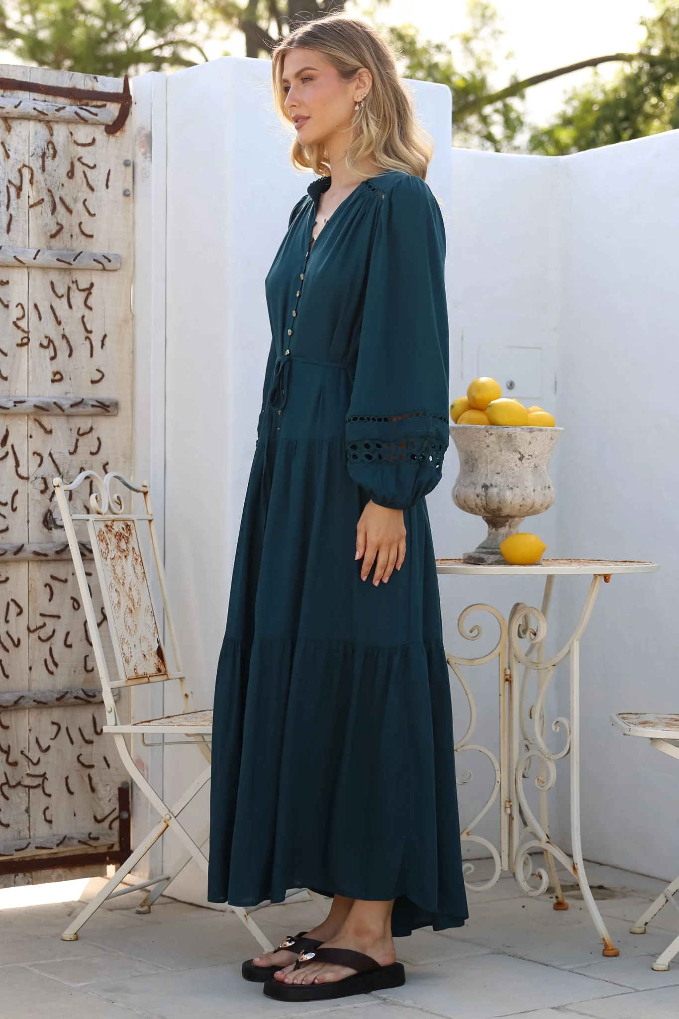Alyce Maxi Dress - Mandarin Collar Button Down with Detachable Waist Tie in Emerald - Image 6