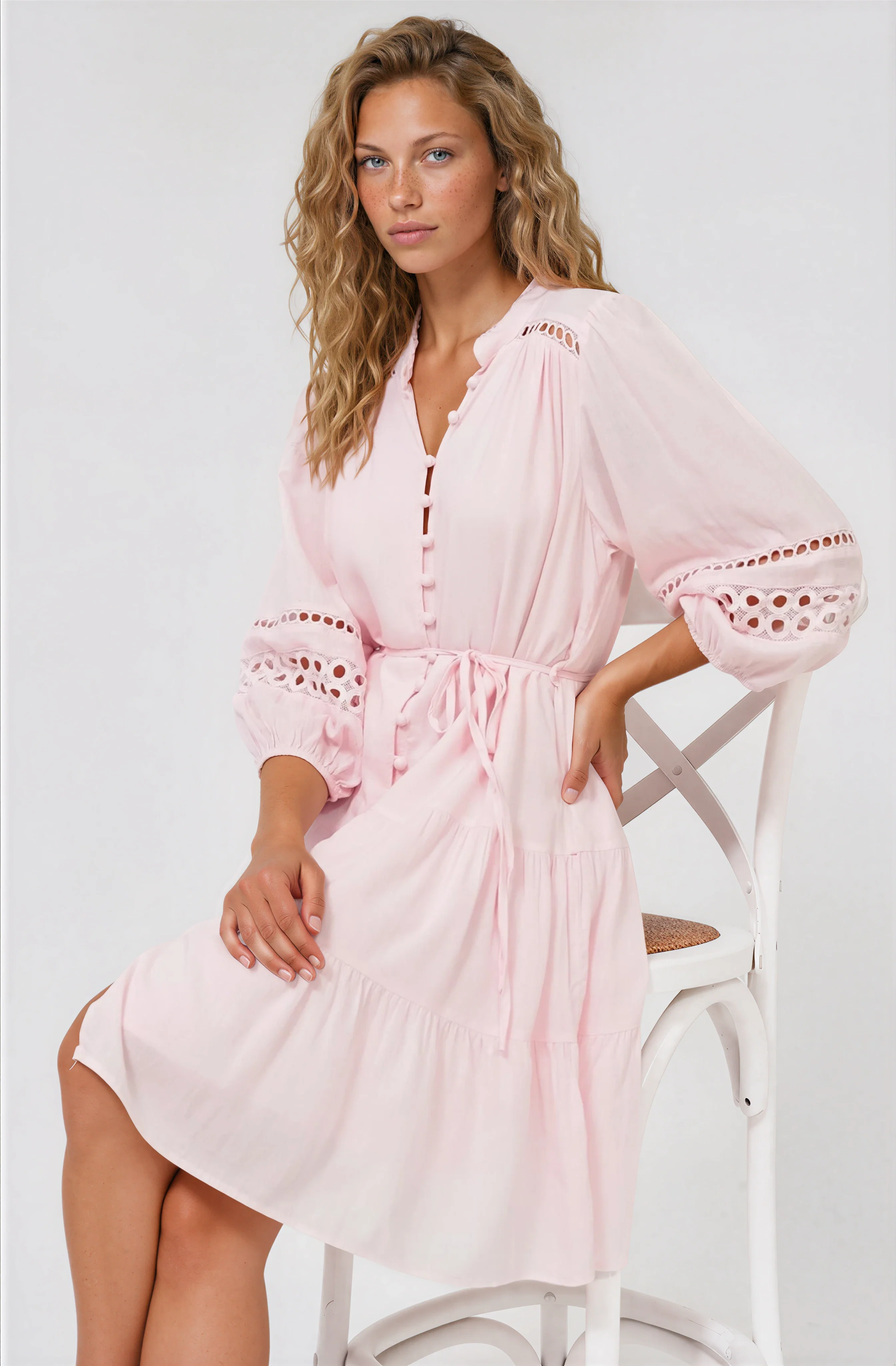 Alyce Mini Dress - Button Down Dress with Cut Out Detailed Sleeves and Matching Belt in Pink - Image 2