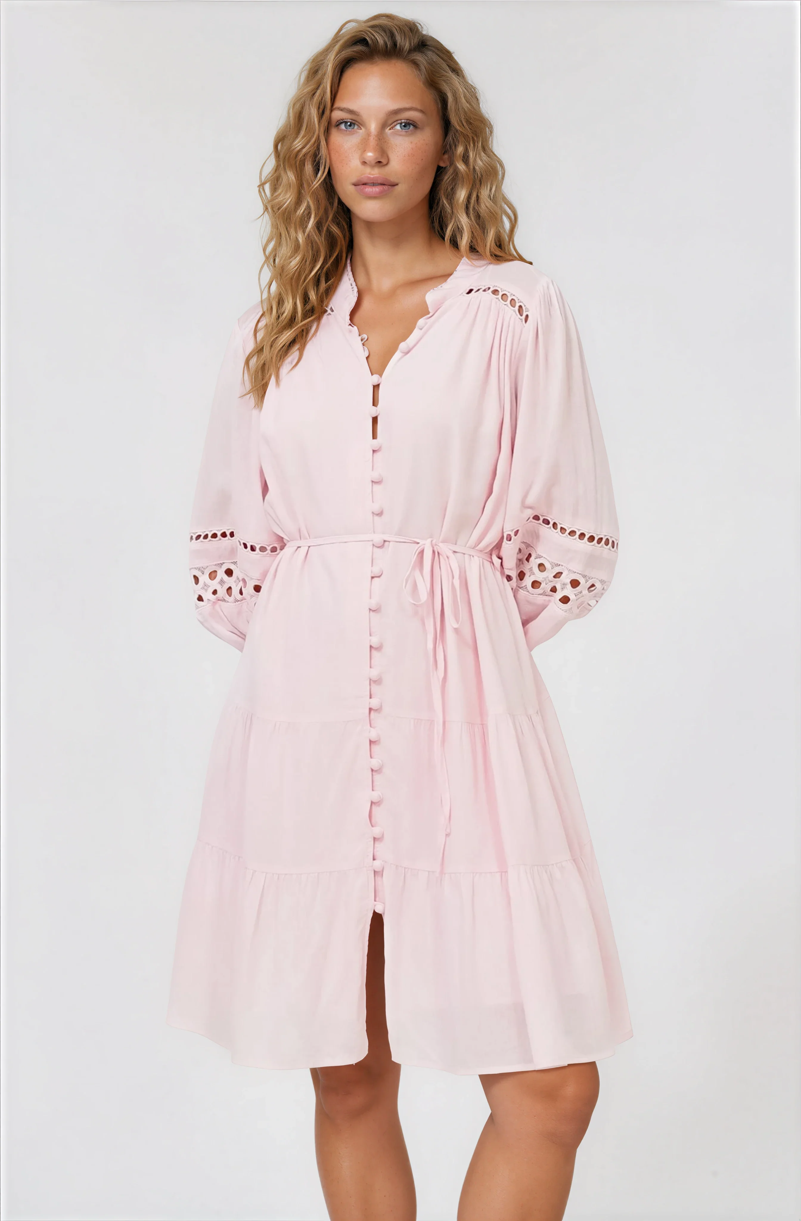 Alyce Mini Dress - Button Down Dress with Cut Out Detailed Sleeves and Matching Belt in Pink - Image 3