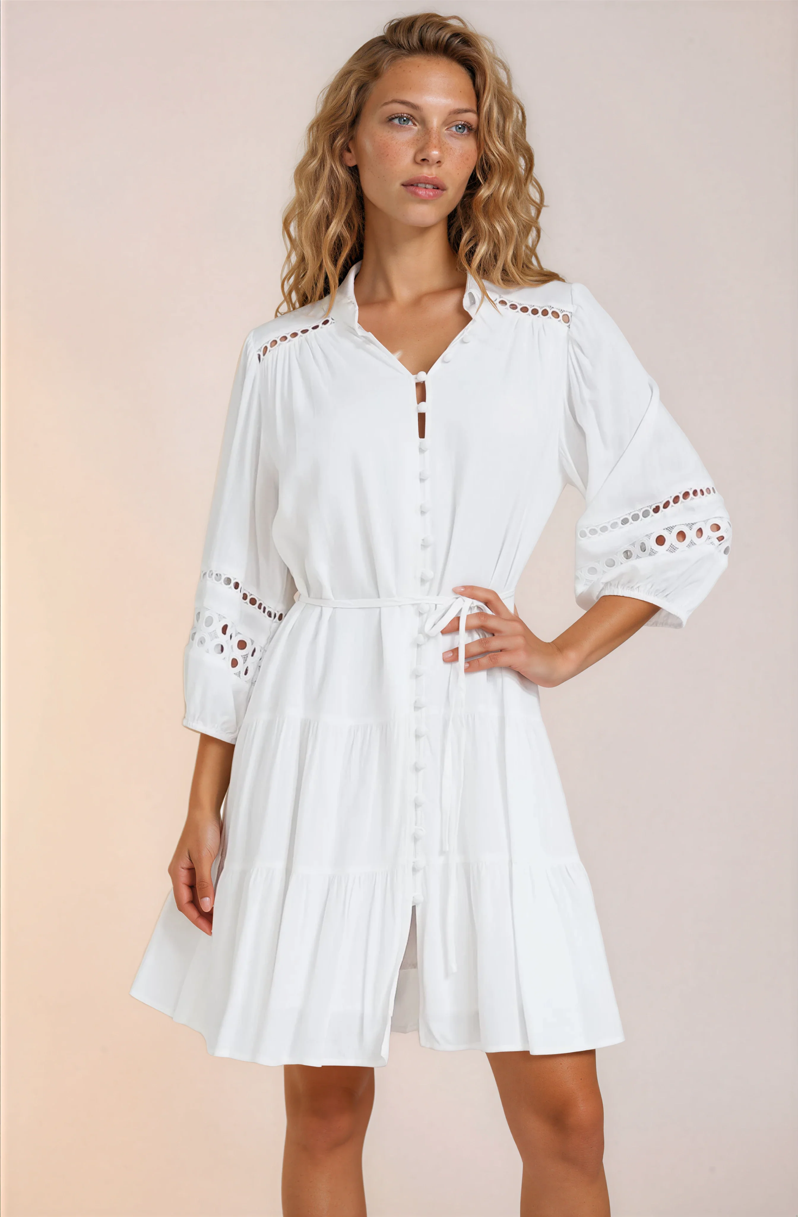 Alyce Mini Dress - Button Down Dress with Cut Out Detailed Sleeves and Matching Belt in White - Image 2