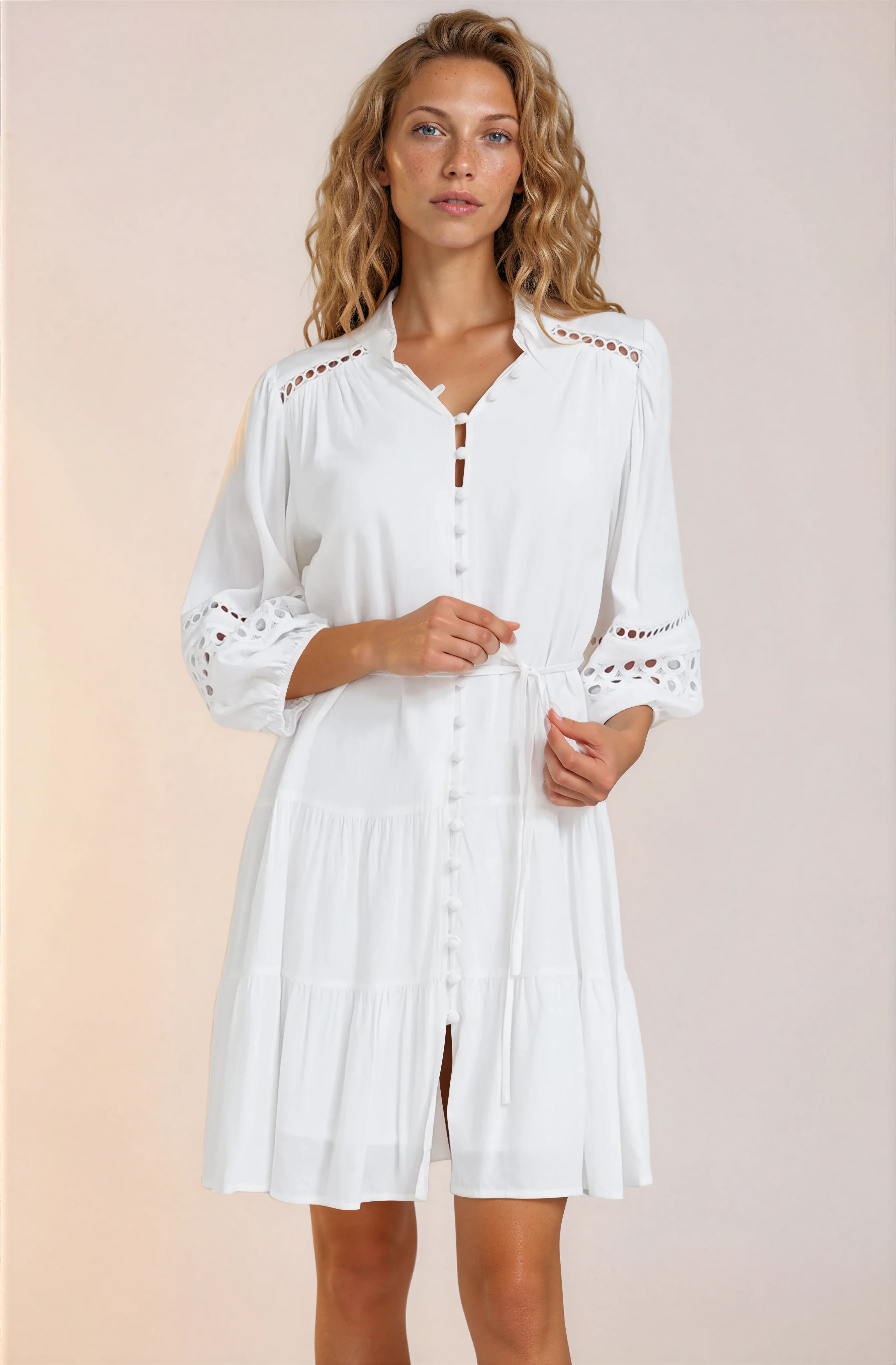 Alyce Mini Dress - Button Down Dress with Cut Out Detailed Sleeves and Matching Belt in White - Image 3
