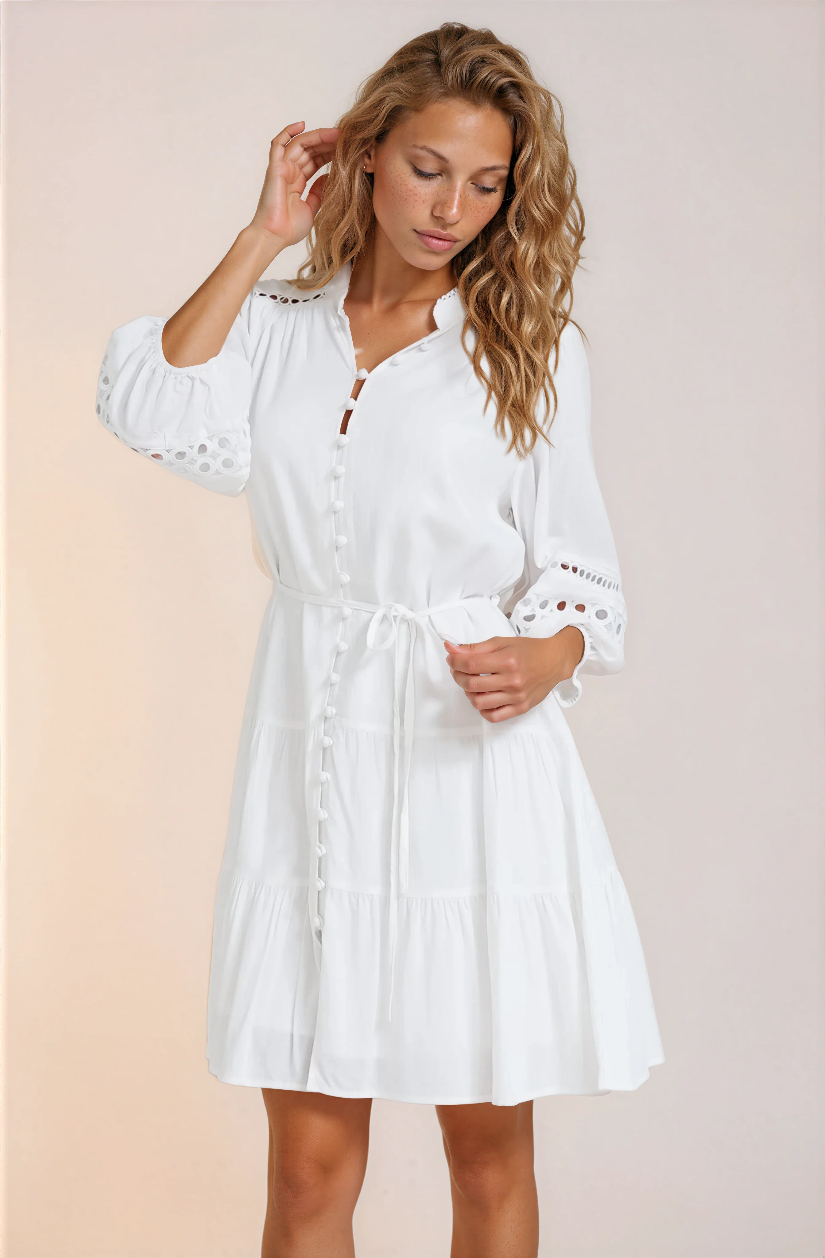 Alyce Mini Dress - Button Down Dress with Cut Out Detailed Sleeves and Matching Belt in White - Image 4