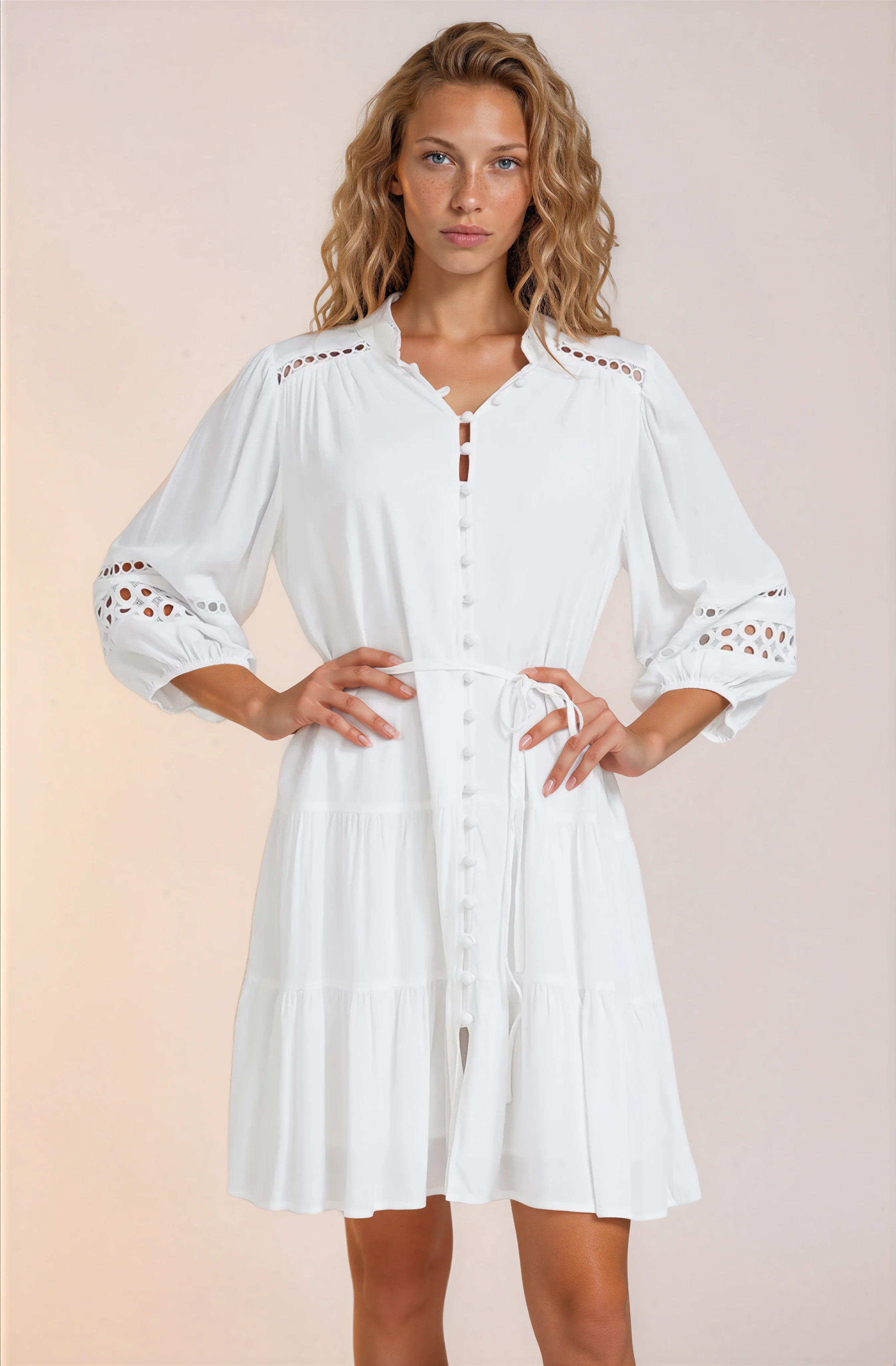 Alyce Mini Dress - Button Down Dress with Cut Out Detailed Sleeves and Matching Belt in White - Image 5