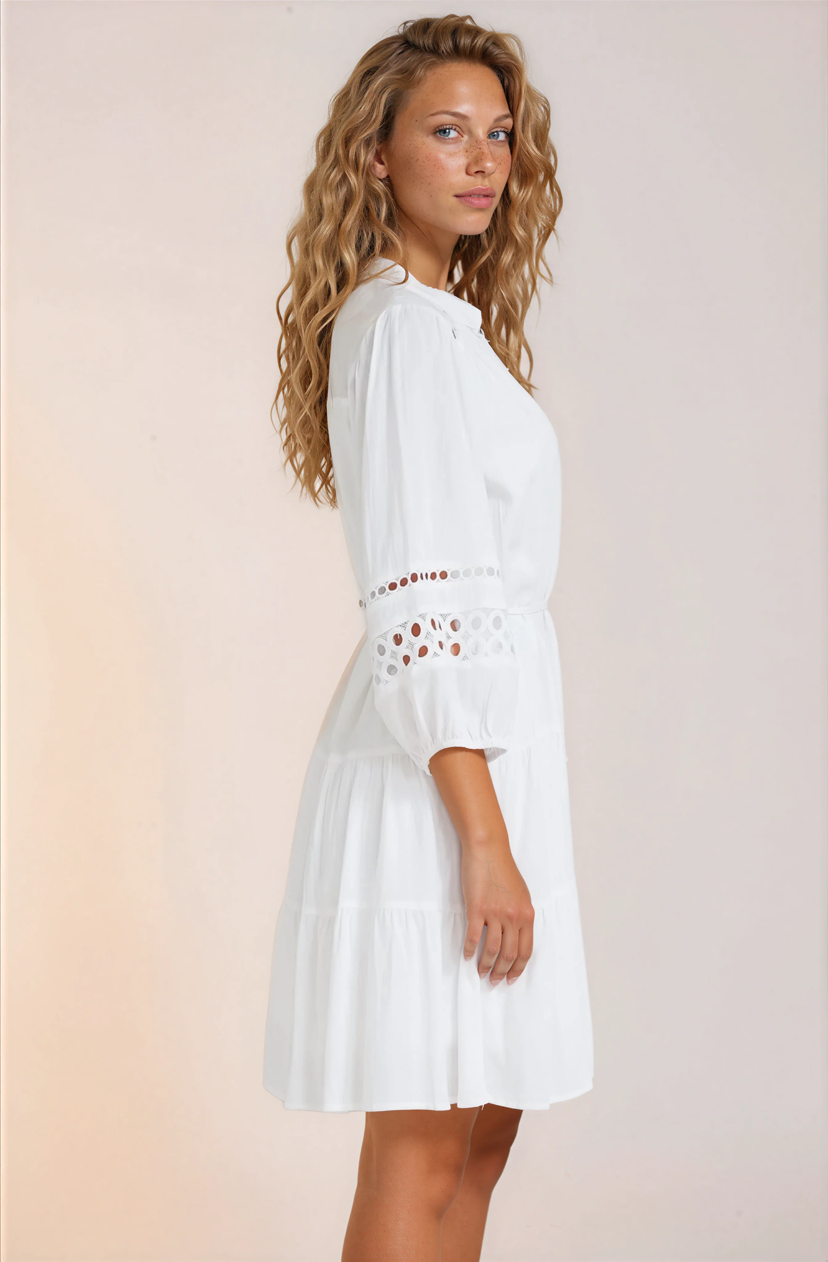 Alyce Mini Dress - Button Down Dress with Cut Out Detailed Sleeves and Matching Belt in White - Image 6