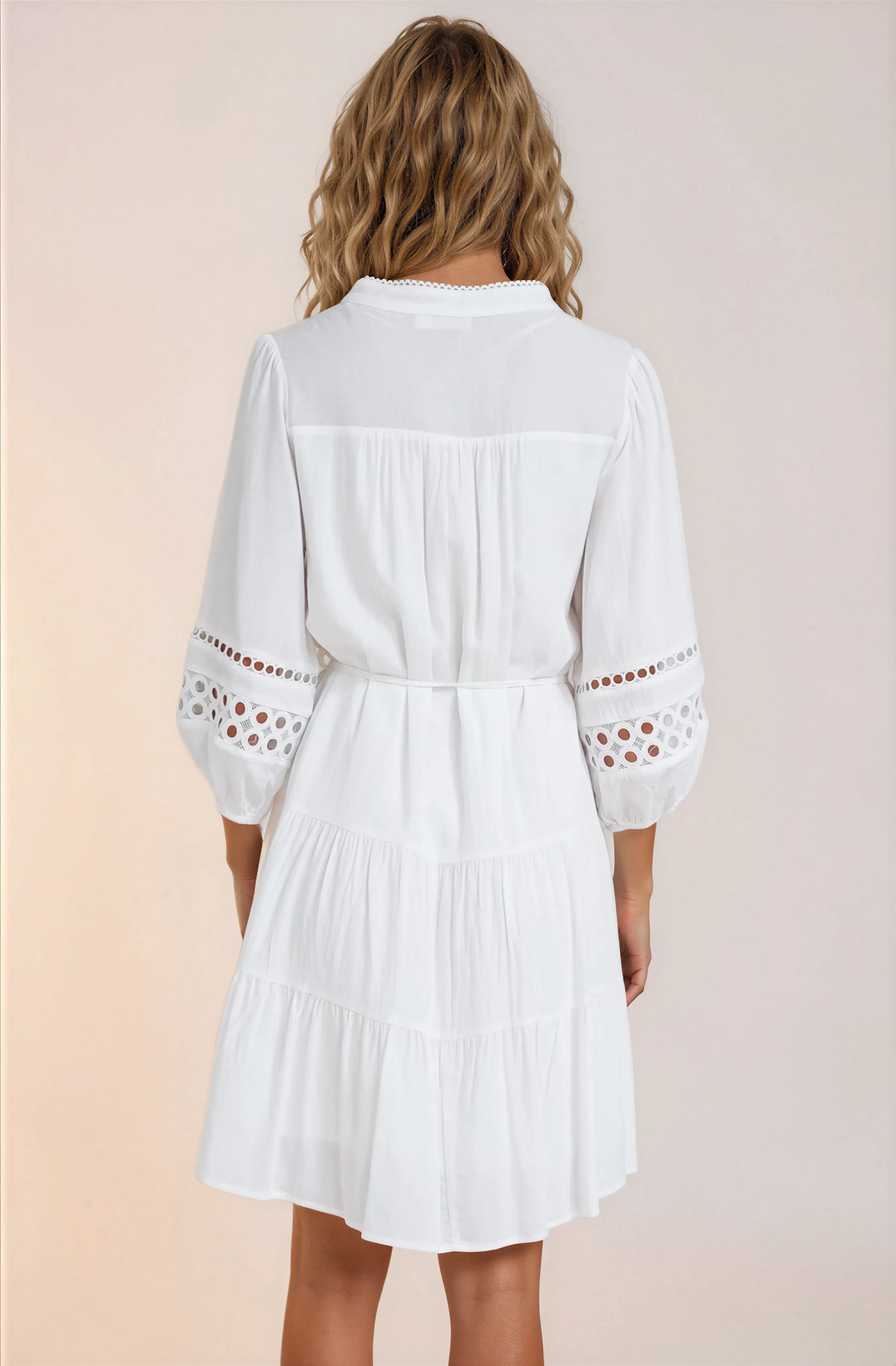 Alyce Mini Dress - Button Down Dress with Cut Out Detailed Sleeves and Matching Belt in White - Image 7