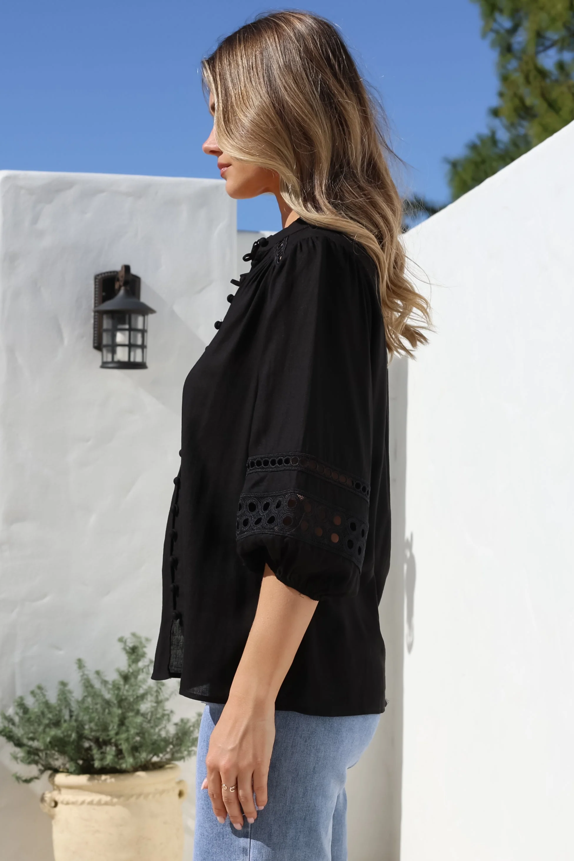 Alyce Shirt - Mandarin Collar Cut Out Detailed Sleeve Button Down in Black - Image 11