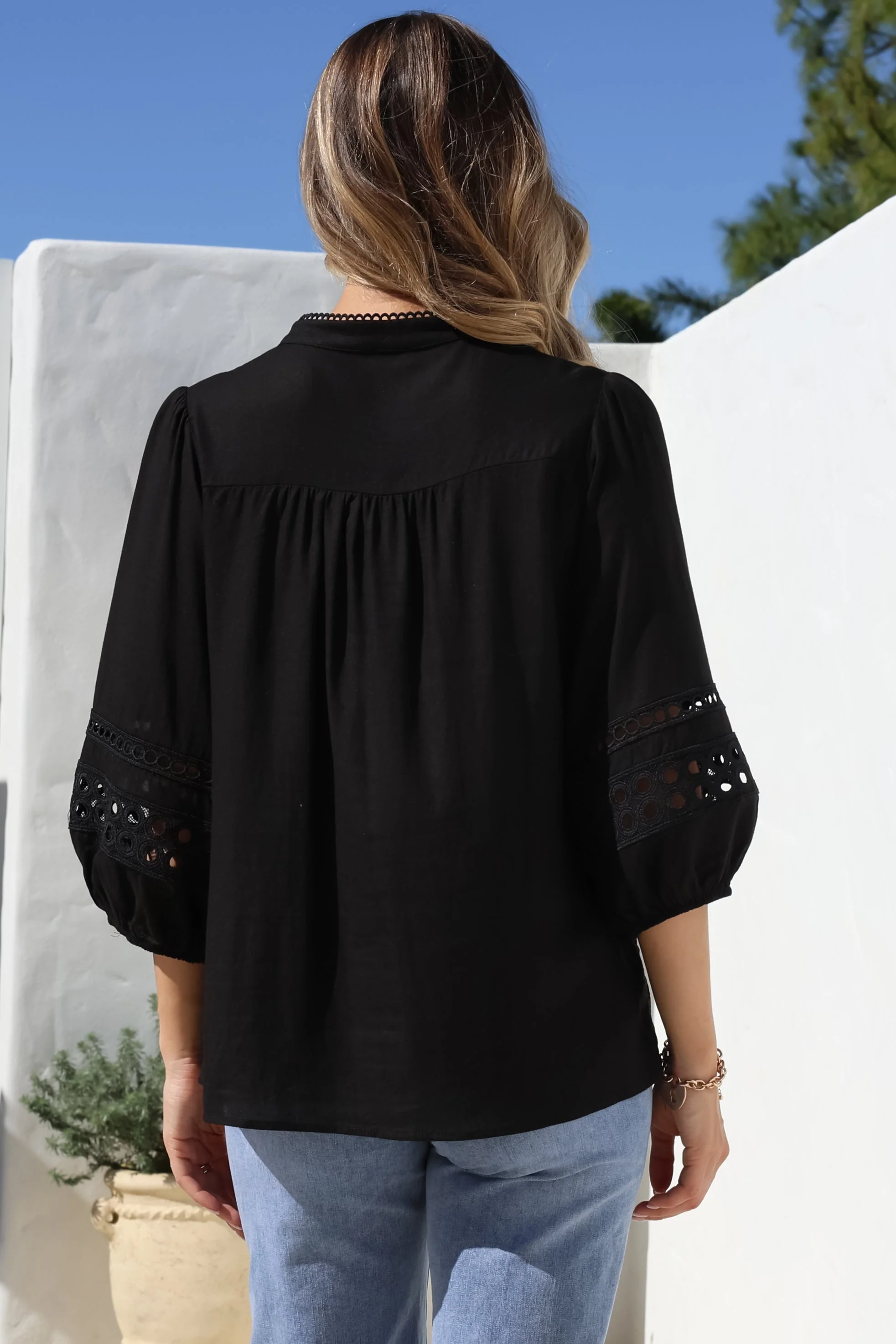 Alyce Shirt - Mandarin Collar Cut Out Detailed Sleeve Button Down in Black - Image 12