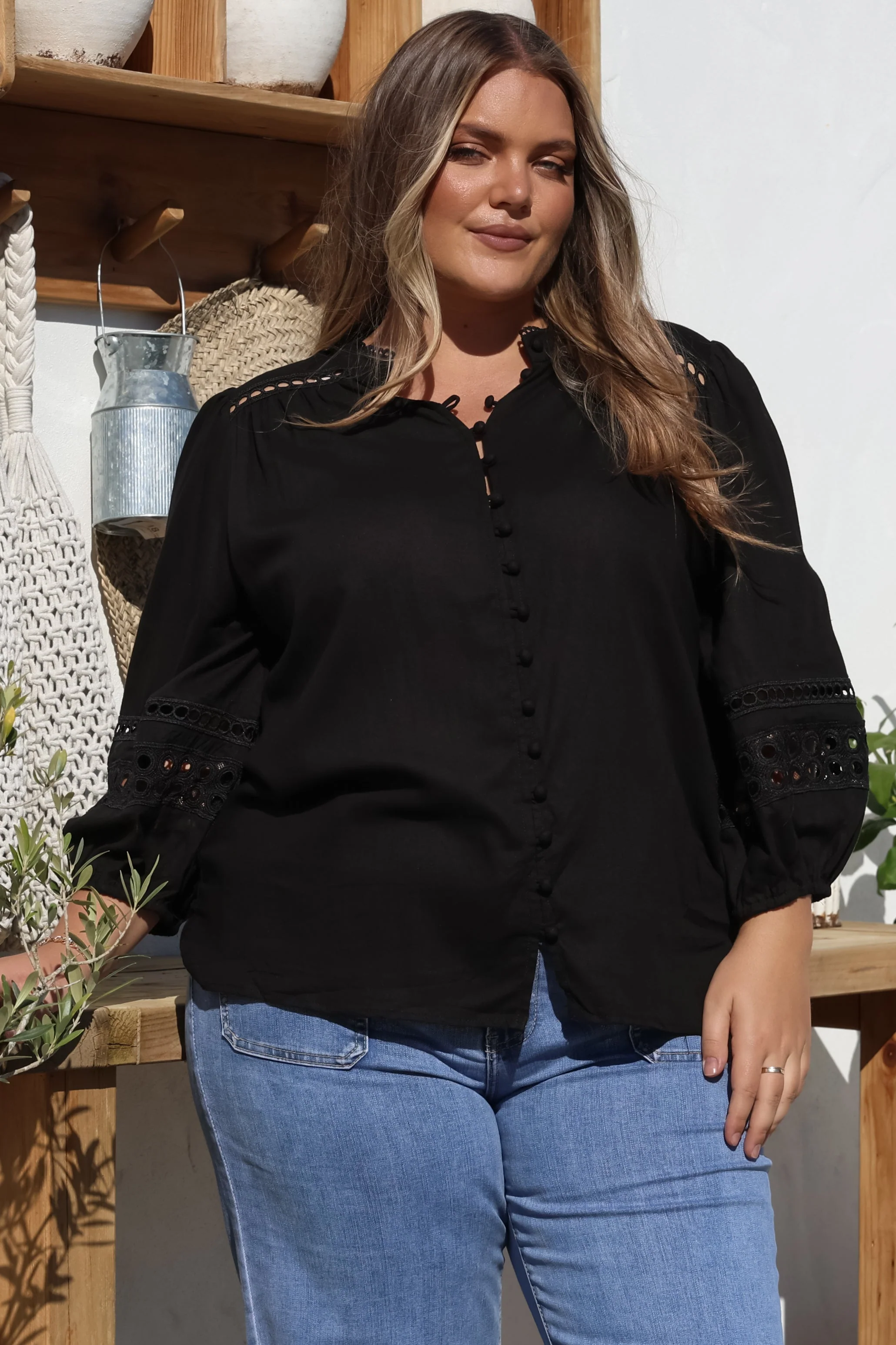 Alyce Shirt - Mandarin Collar Cut Out Detailed Sleeve Button Down in Black - Image 9