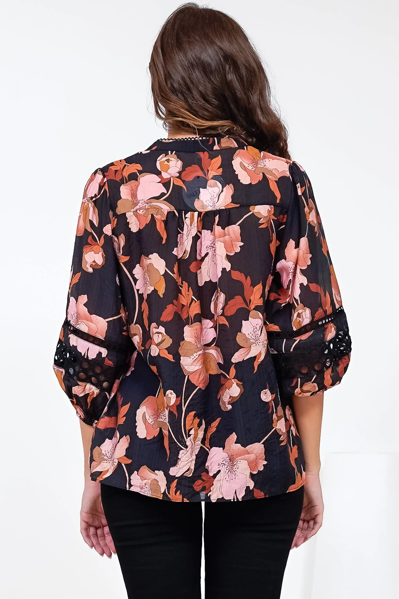 Alyce Shirt - Mandarin Collar Cut Out Detailed Sleeve Button Down in Larissa Print Black - Image 10