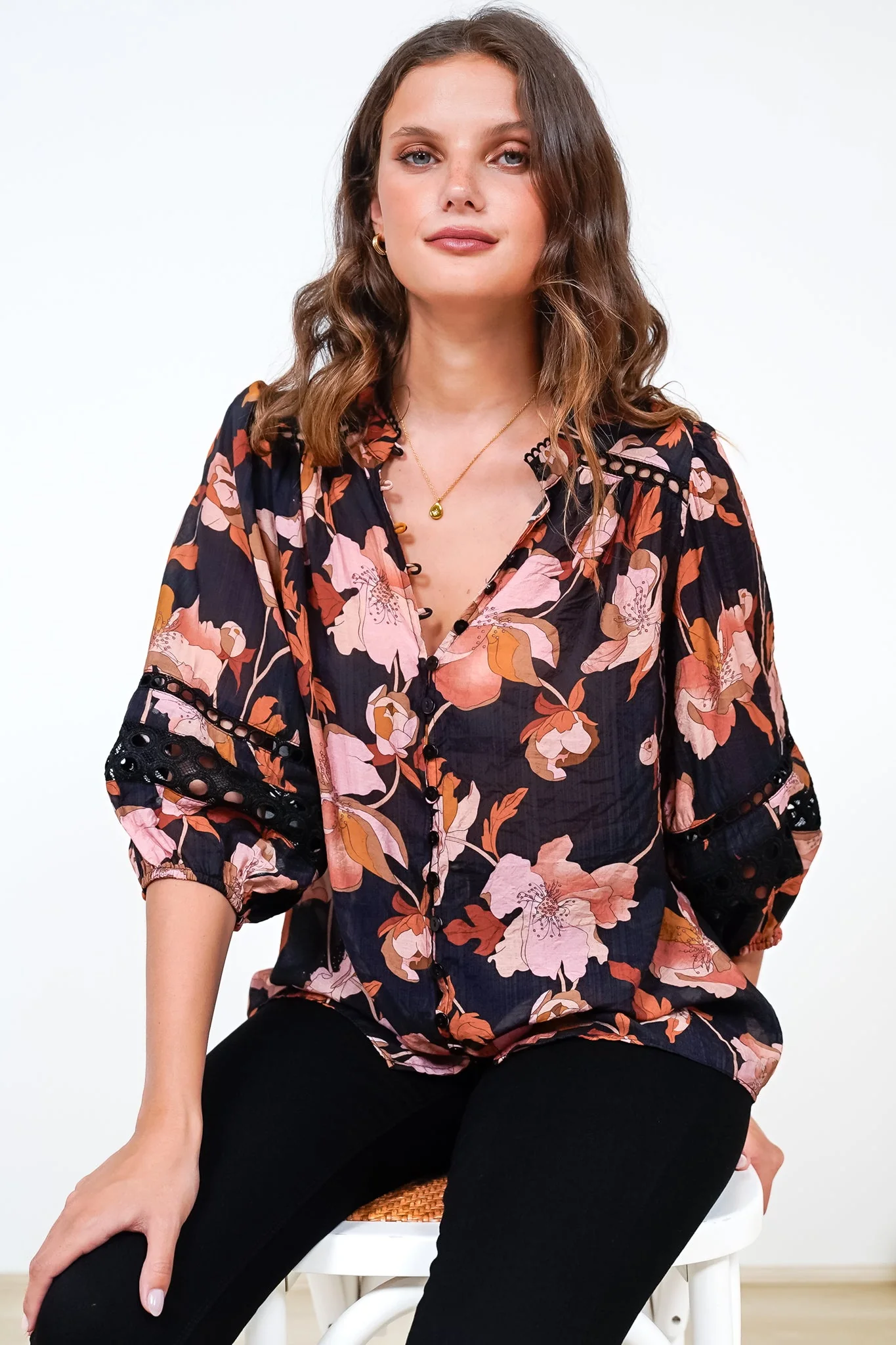 Alyce Shirt - Mandarin Collar Cut Out Detailed Sleeve Button Down in Larissa Print Black - Image 2