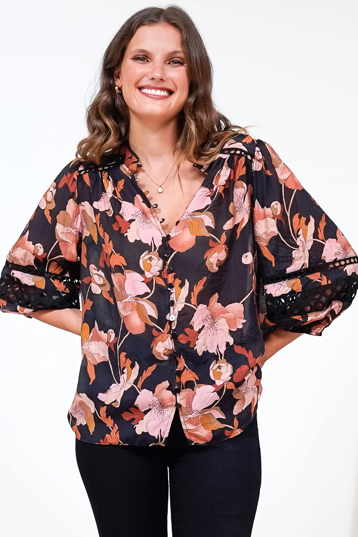 Alyce Shirt - Mandarin Collar Cut Out Detailed Sleeve Button Down in Larissa Print Black - Image 4