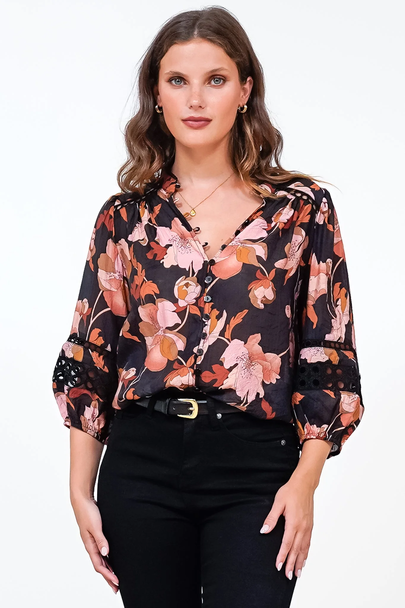 Alyce Shirt - Mandarin Collar Cut Out Detailed Sleeve Button Down in Larissa Print Black - Image 5