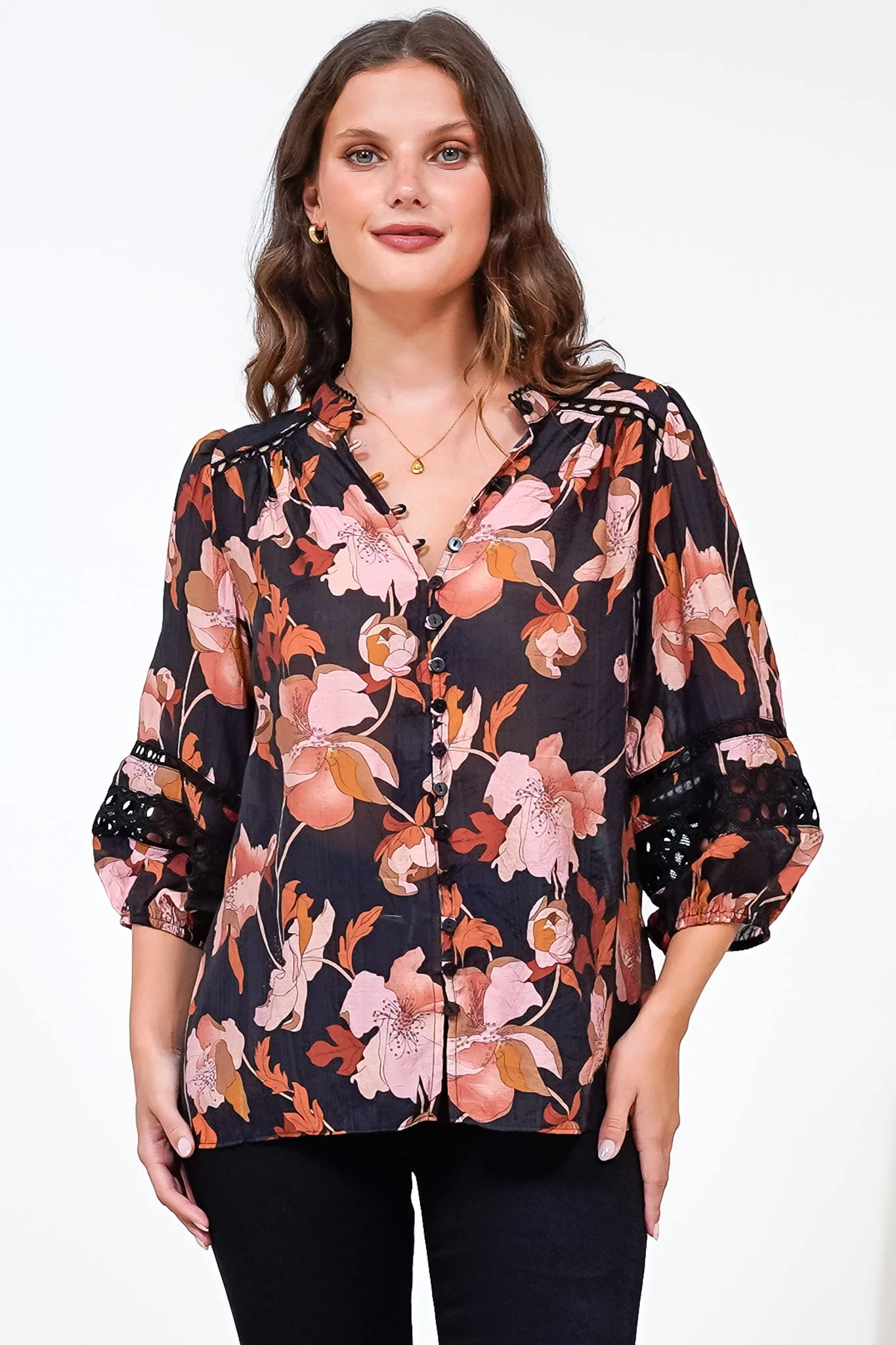 Alyce Shirt - Mandarin Collar Cut Out Detailed Sleeve Button Down in Larissa Print Black - Image 6