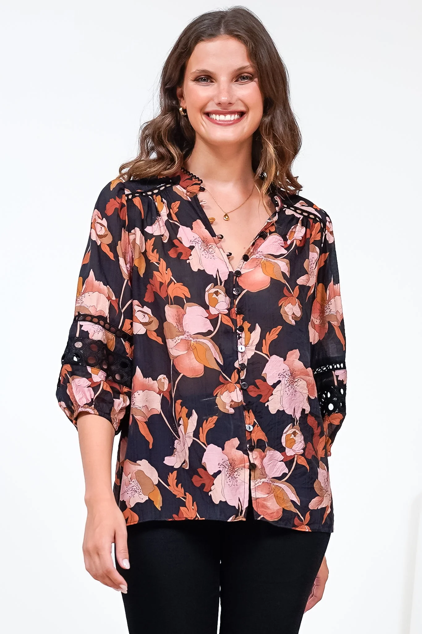 Alyce Shirt - Mandarin Collar Cut Out Detailed Sleeve Button Down in Larissa Print Black - Image 7