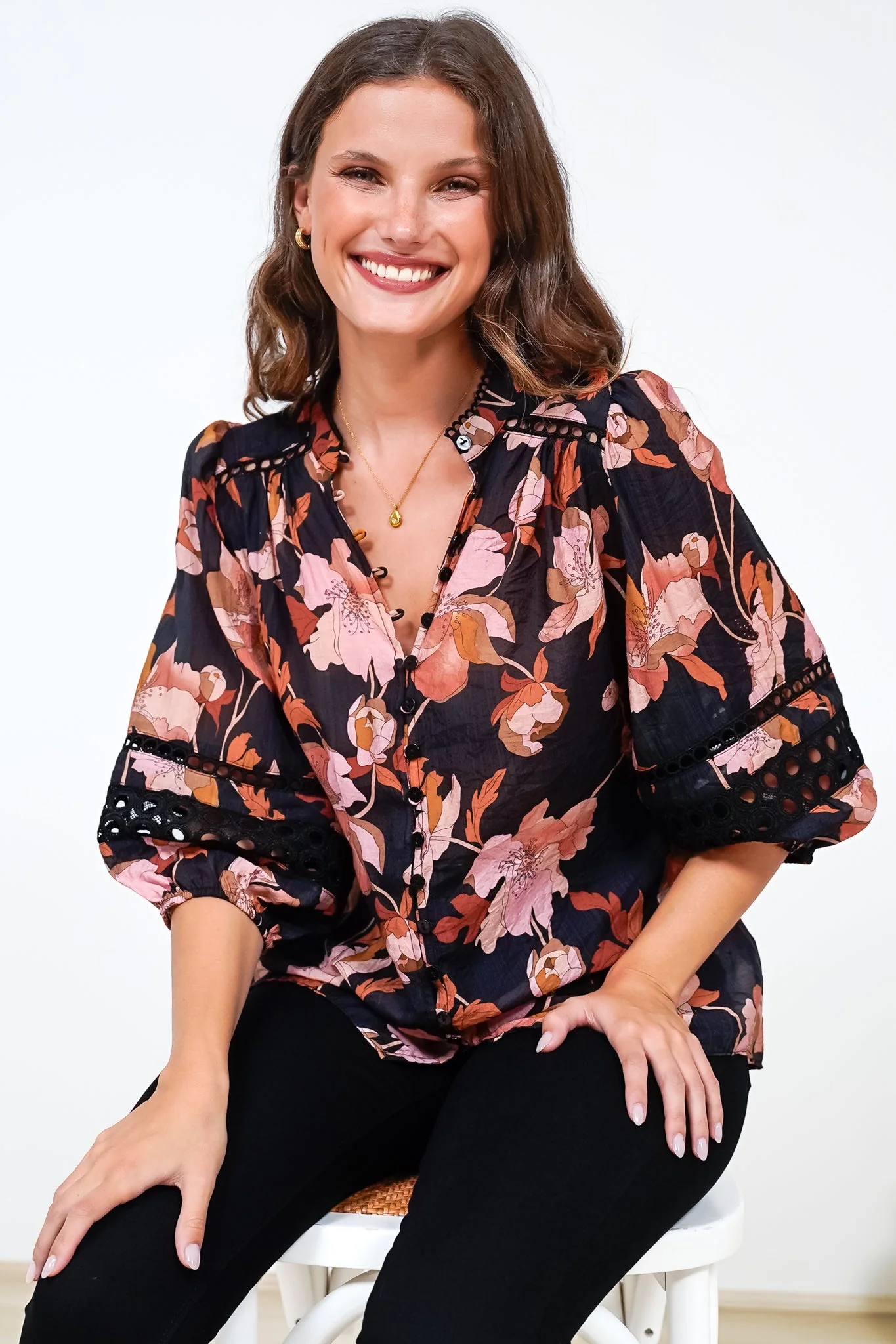 Alyce Shirt - Mandarin Collar Cut Out Detailed Sleeve Button Down in Larissa Print Black - Image 8