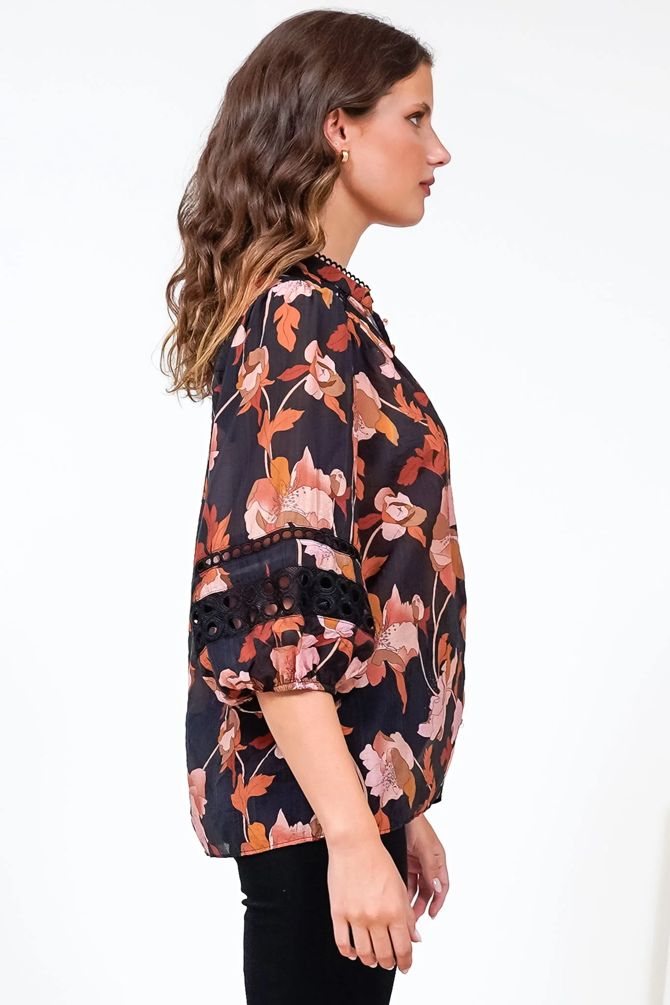Alyce Shirt - Mandarin Collar Cut Out Detailed Sleeve Button Down in Larissa Print Black - Image 9