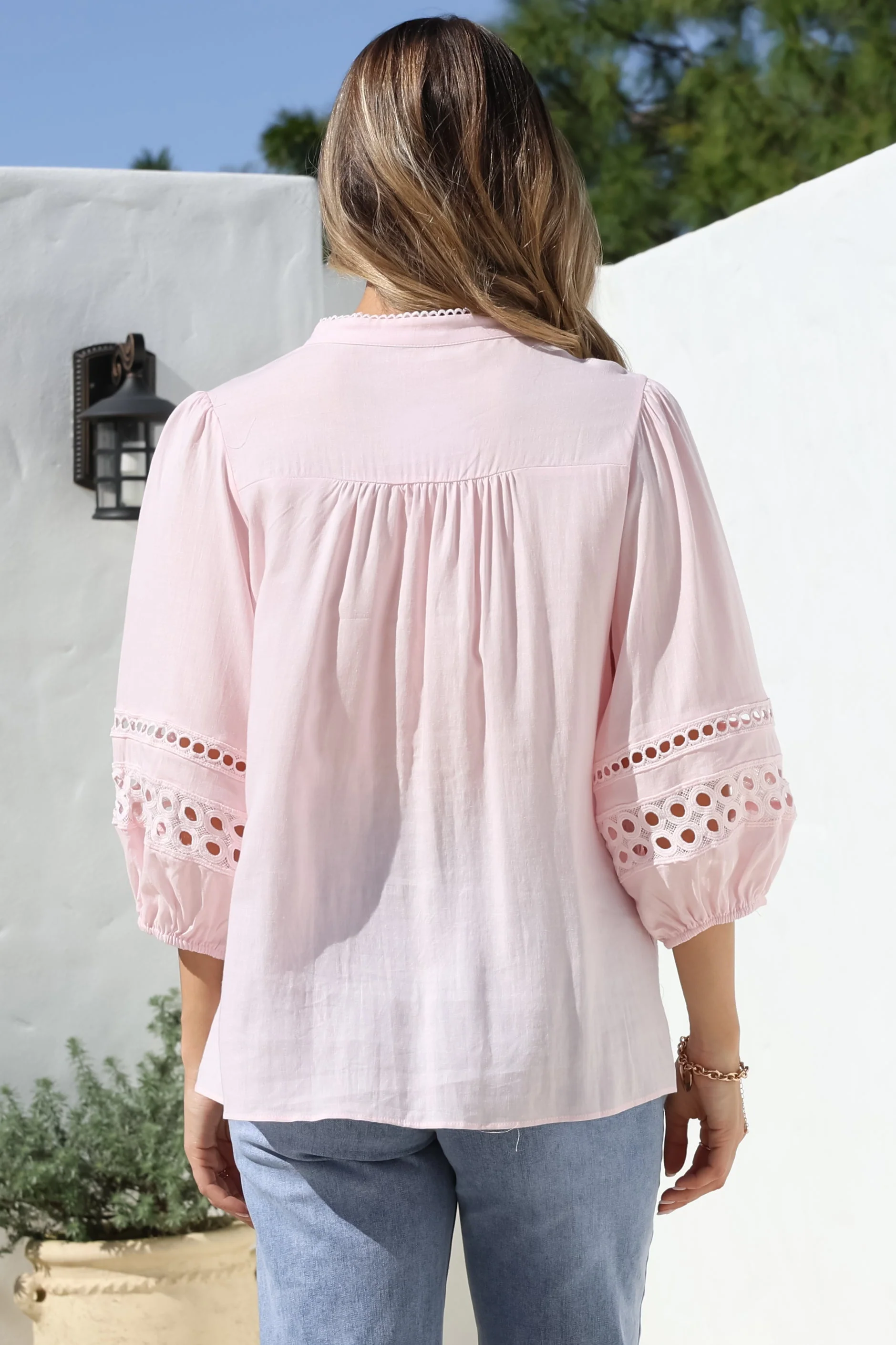 Alyce Shirt - Mandarin Collar Cut Out Detailed Sleeve Button Down in Pink - Image 11