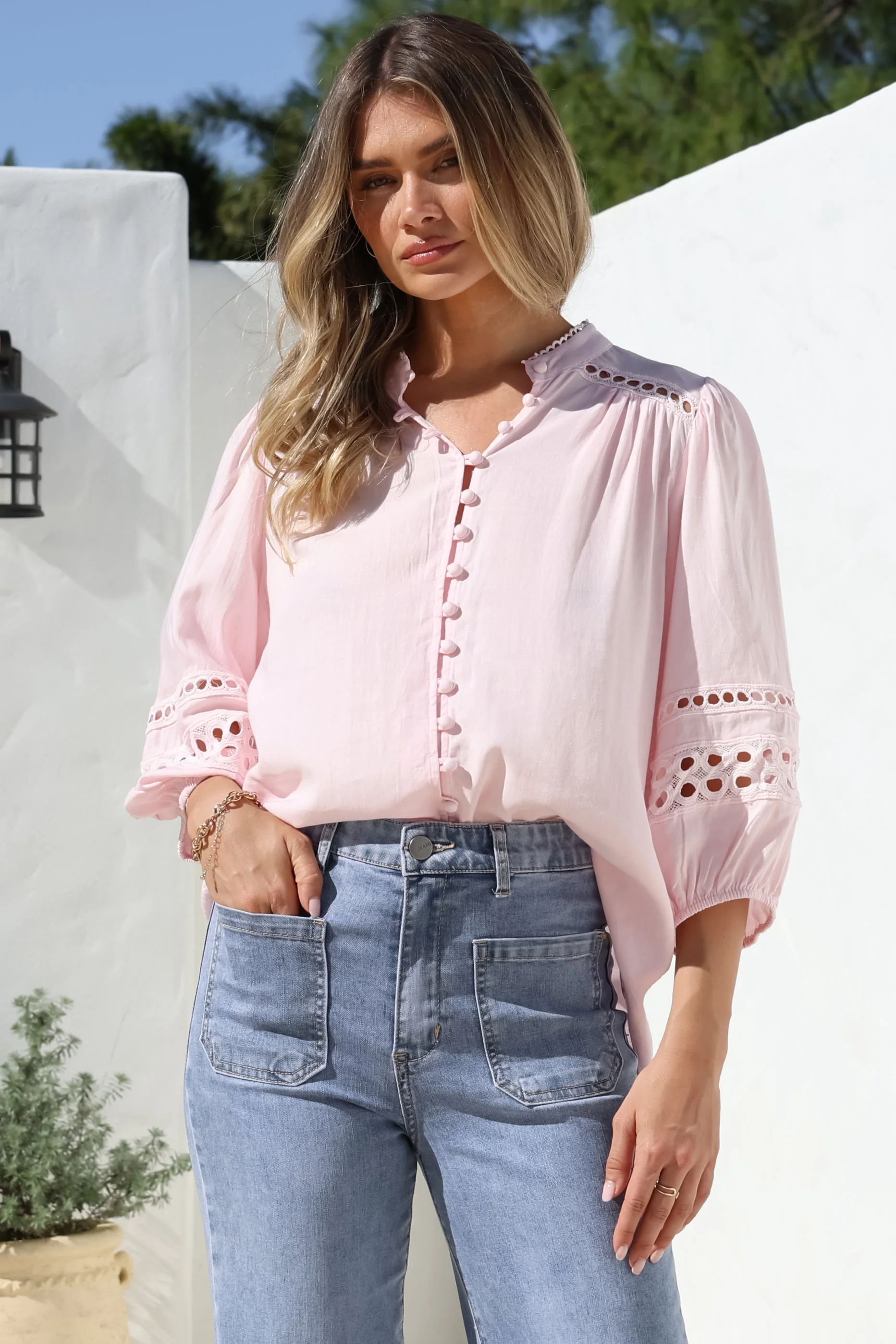 Alyce Shirt - Mandarin Collar Cut Out Detailed Sleeve Button Down in Pink - Image 4