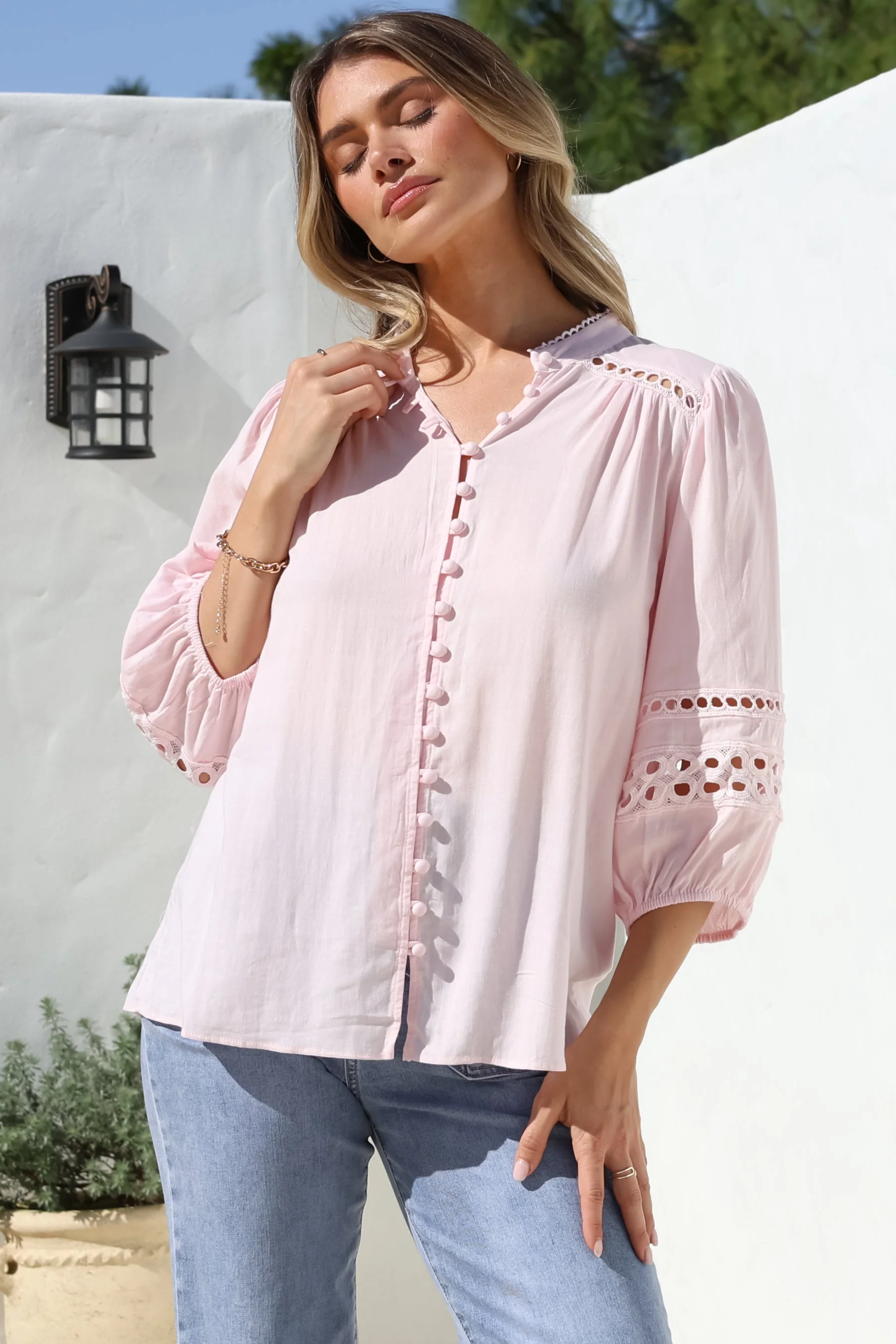 Alyce Shirt - Mandarin Collar Cut Out Detailed Sleeve Button Down in Pink - Image 5