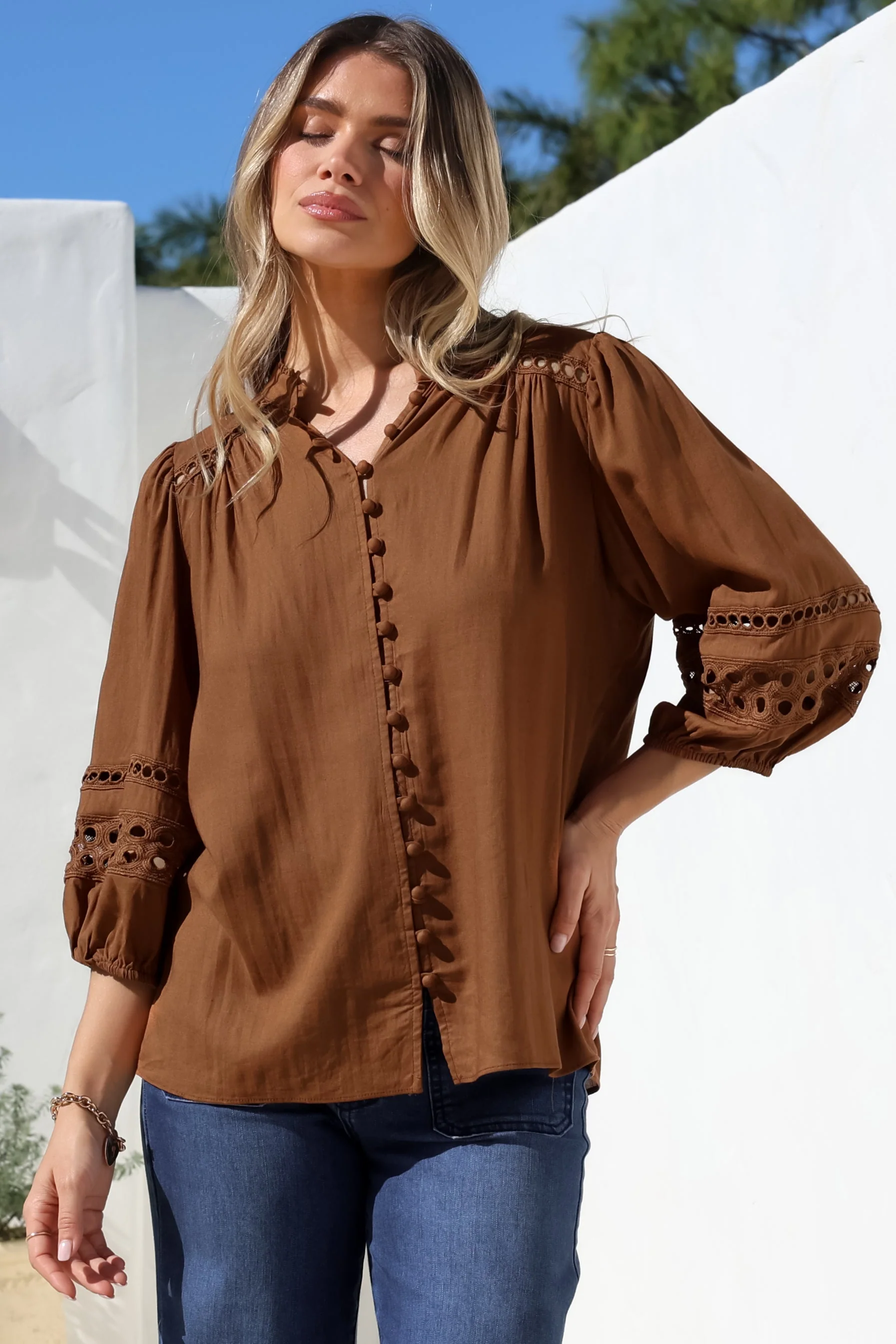 Alyce Shirt - Mandarin Collar Cut Out Detailed Sleeve Button Down in Tan - Image 10