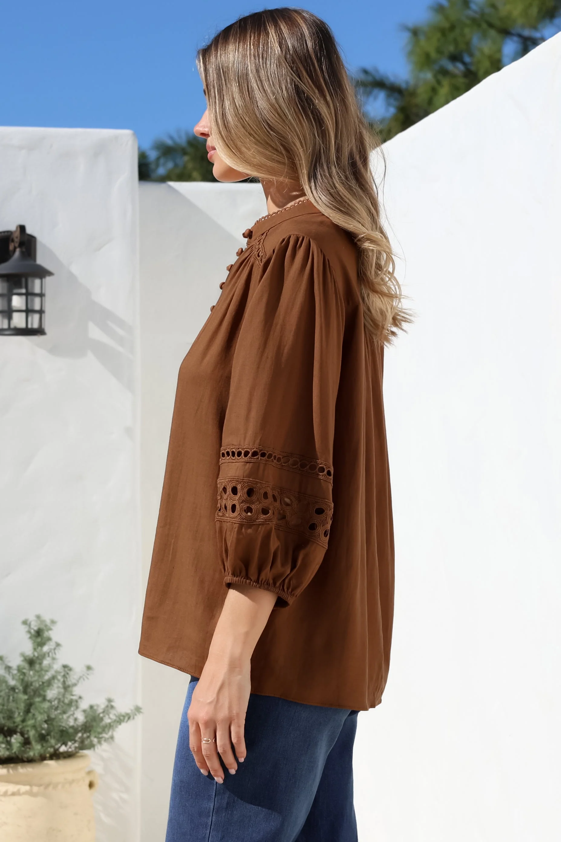 Alyce Shirt - Mandarin Collar Cut Out Detailed Sleeve Button Down in Tan - Image 11