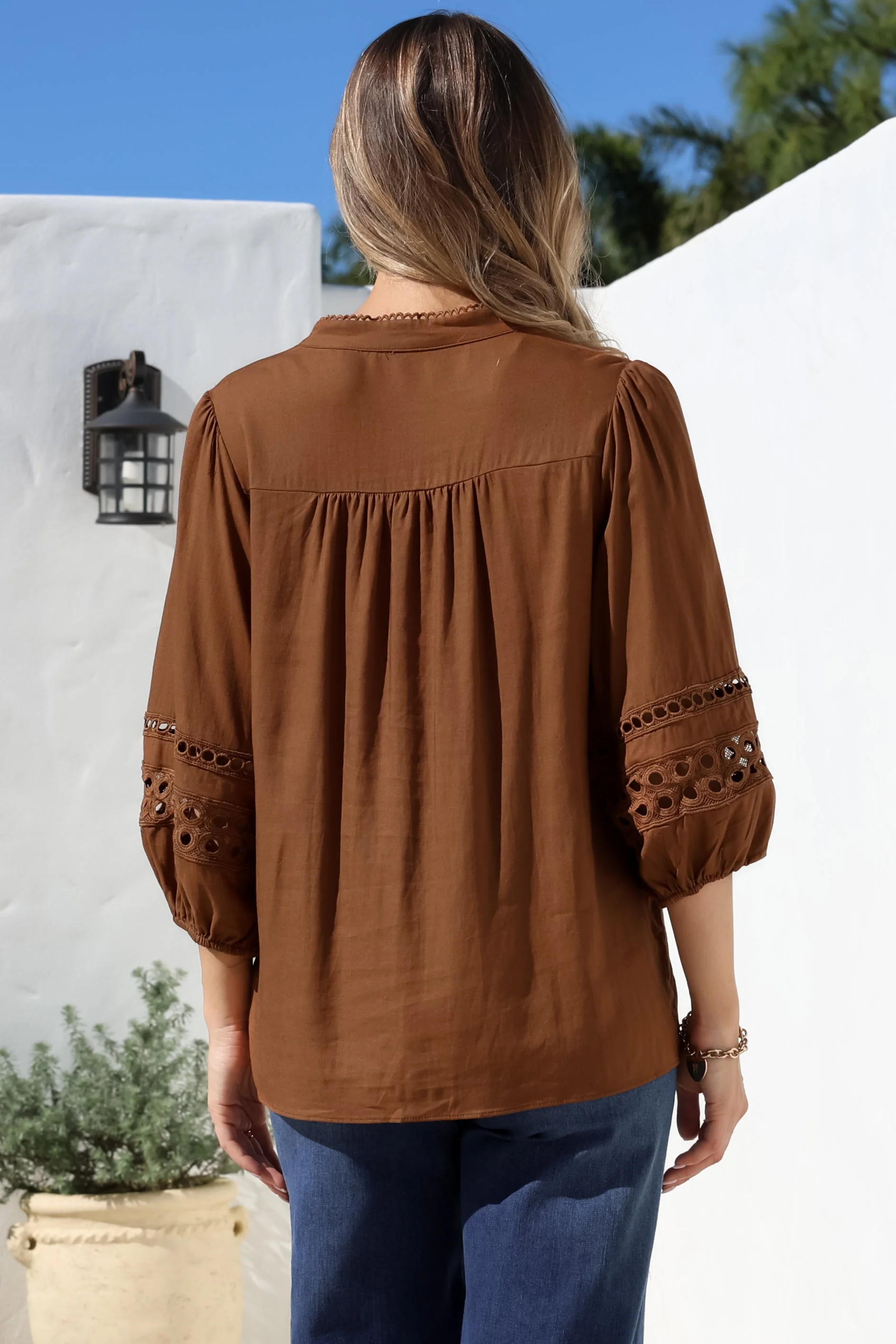 Alyce Shirt - Mandarin Collar Cut Out Detailed Sleeve Button Down in Tan - Image 12
