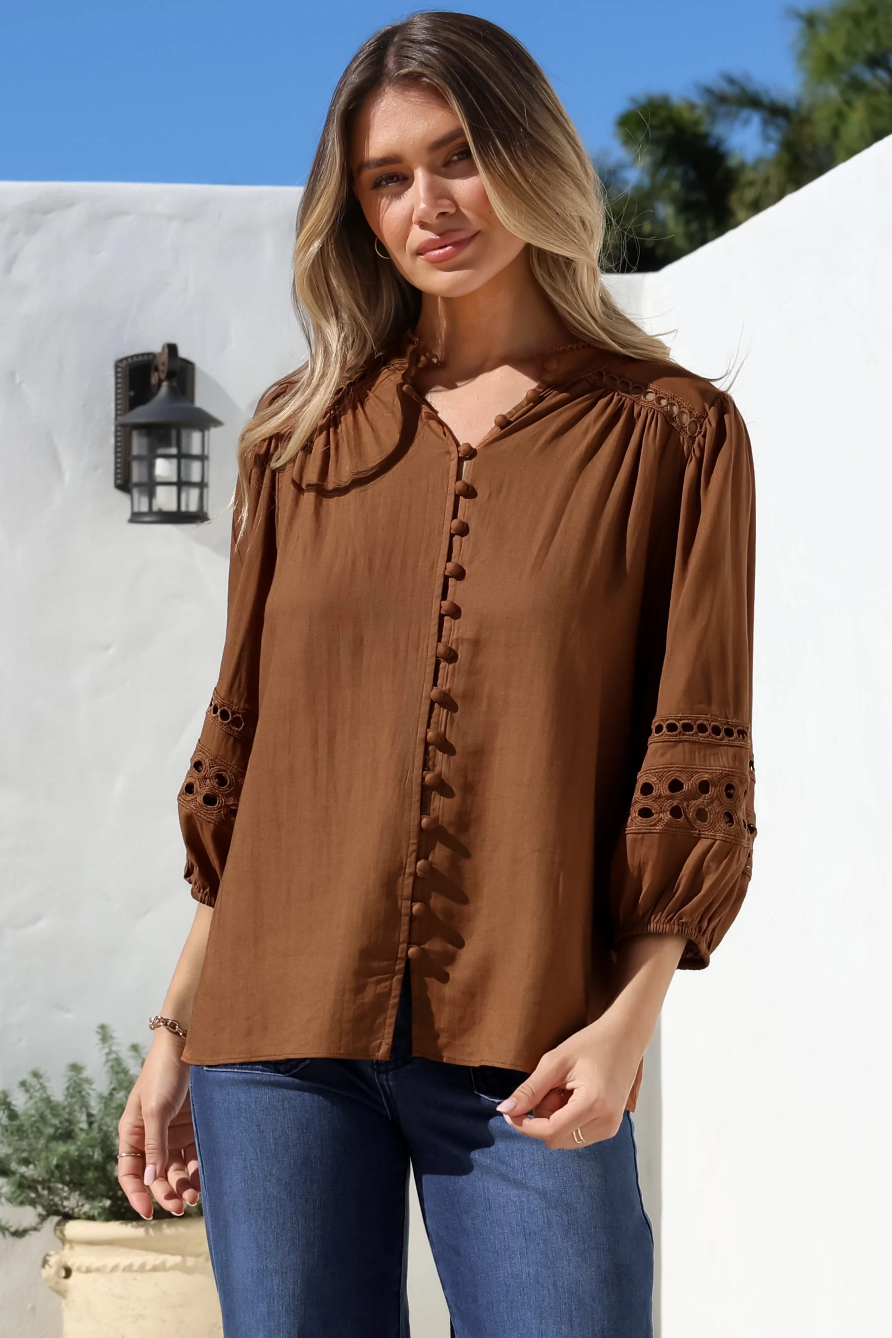 Alyce Shirt - Mandarin Collar Cut Out Detailed Sleeve Button Down in Tan - Image 3