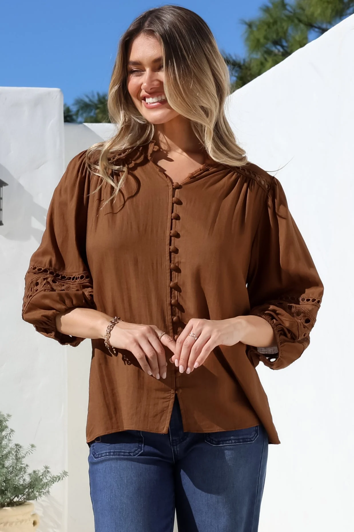 Alyce Shirt - Mandarin Collar Cut Out Detailed Sleeve Button Down in Tan - Image 6
