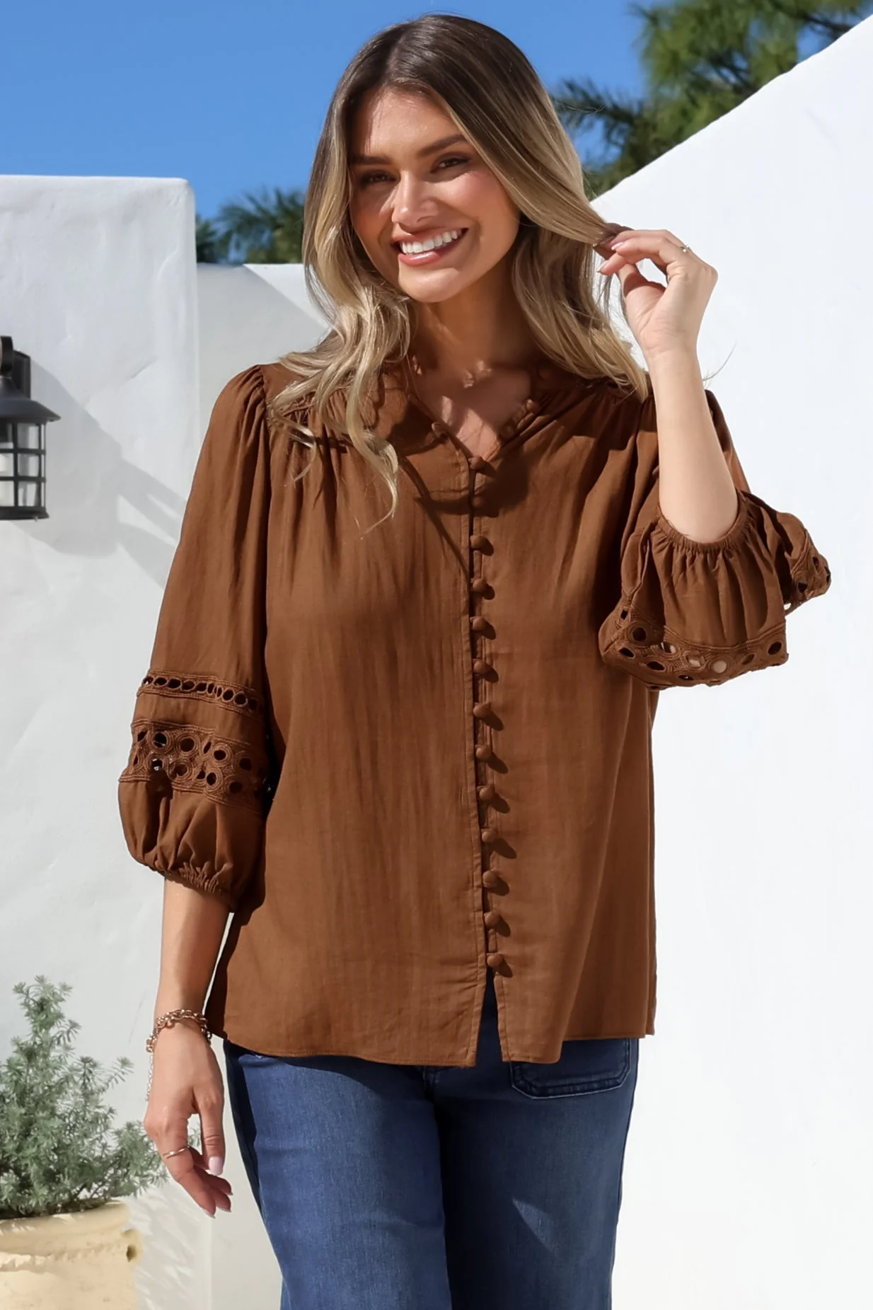 Alyce Shirt - Mandarin Collar Cut Out Detailed Sleeve Button Down in Tan - Image 7