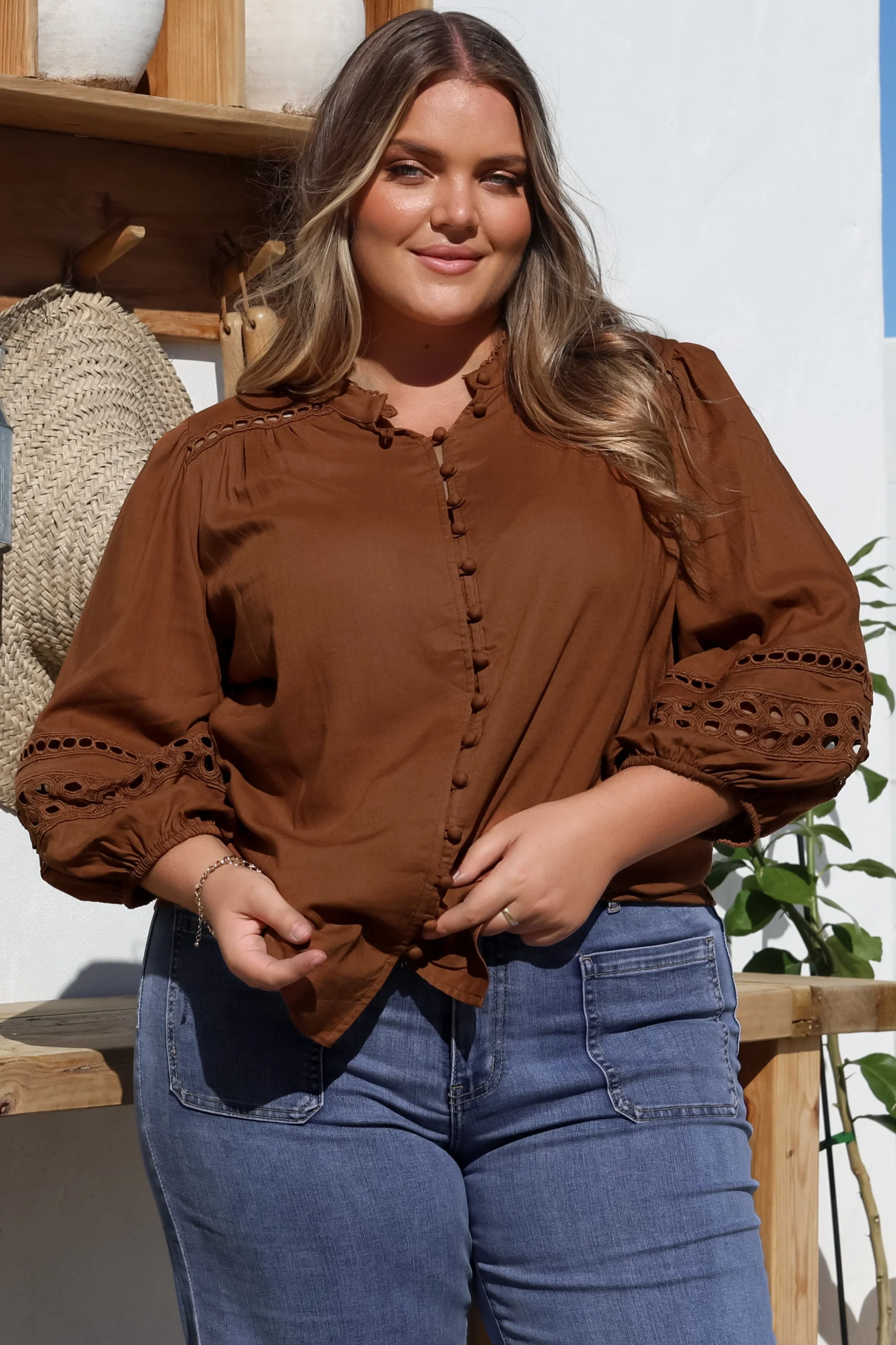 Alyce Shirt - Mandarin Collar Cut Out Detailed Sleeve Button Down in Tan - Image 8