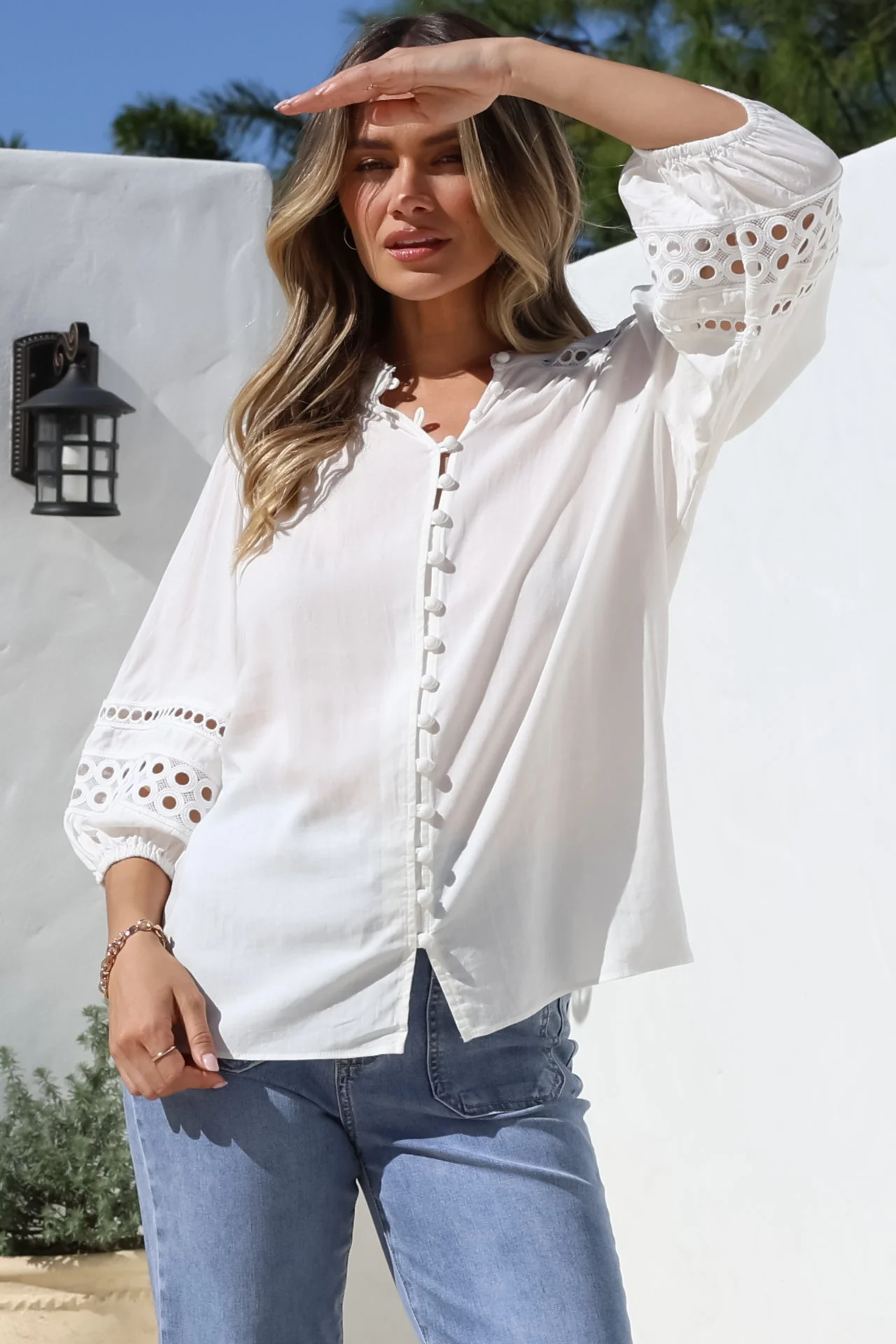 Alyce Shirt - Mandarin Collar Cut Out Detailed Sleeve Button Down in White - Image 10