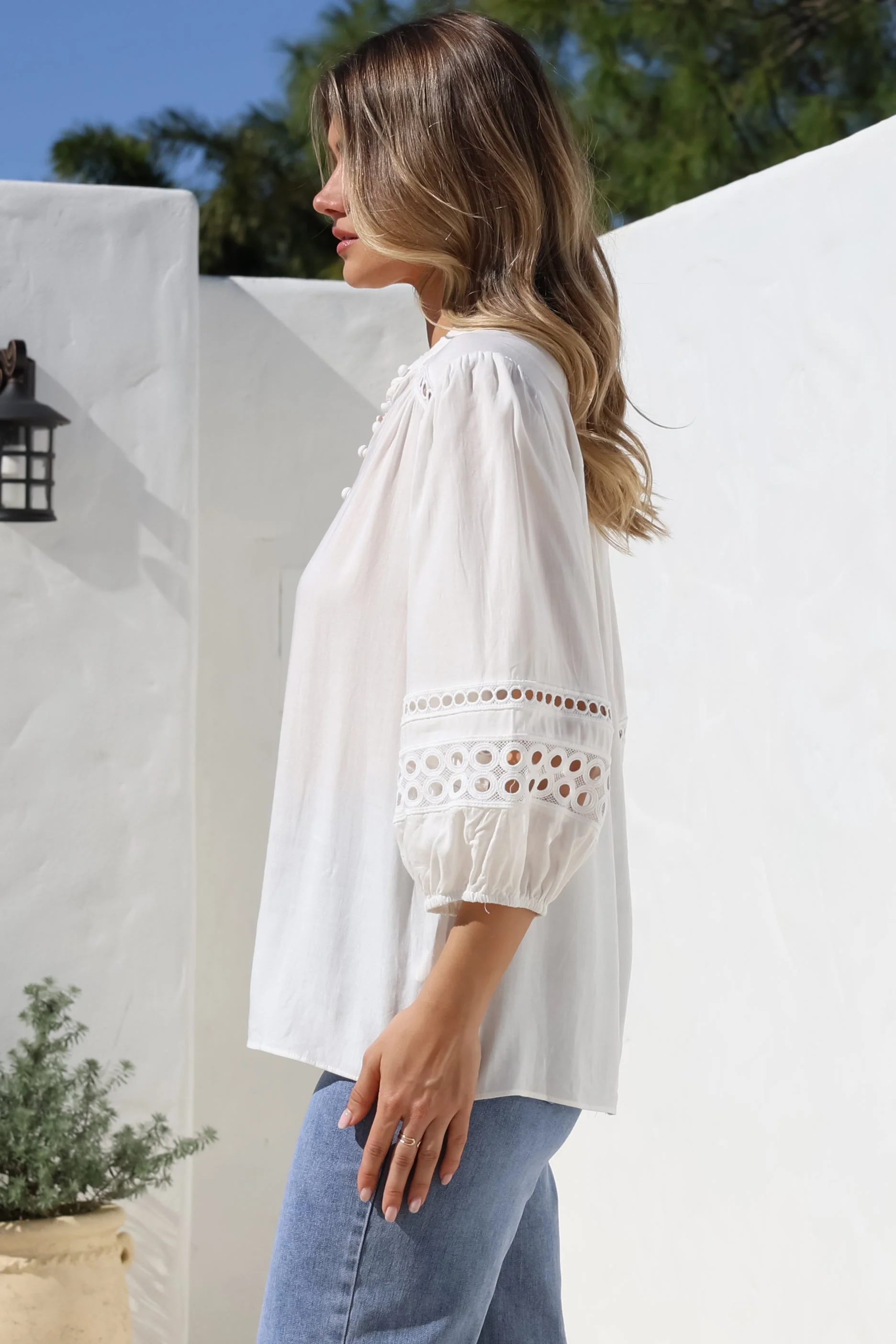 Alyce Shirt - Mandarin Collar Cut Out Detailed Sleeve Button Down in White - Image 11