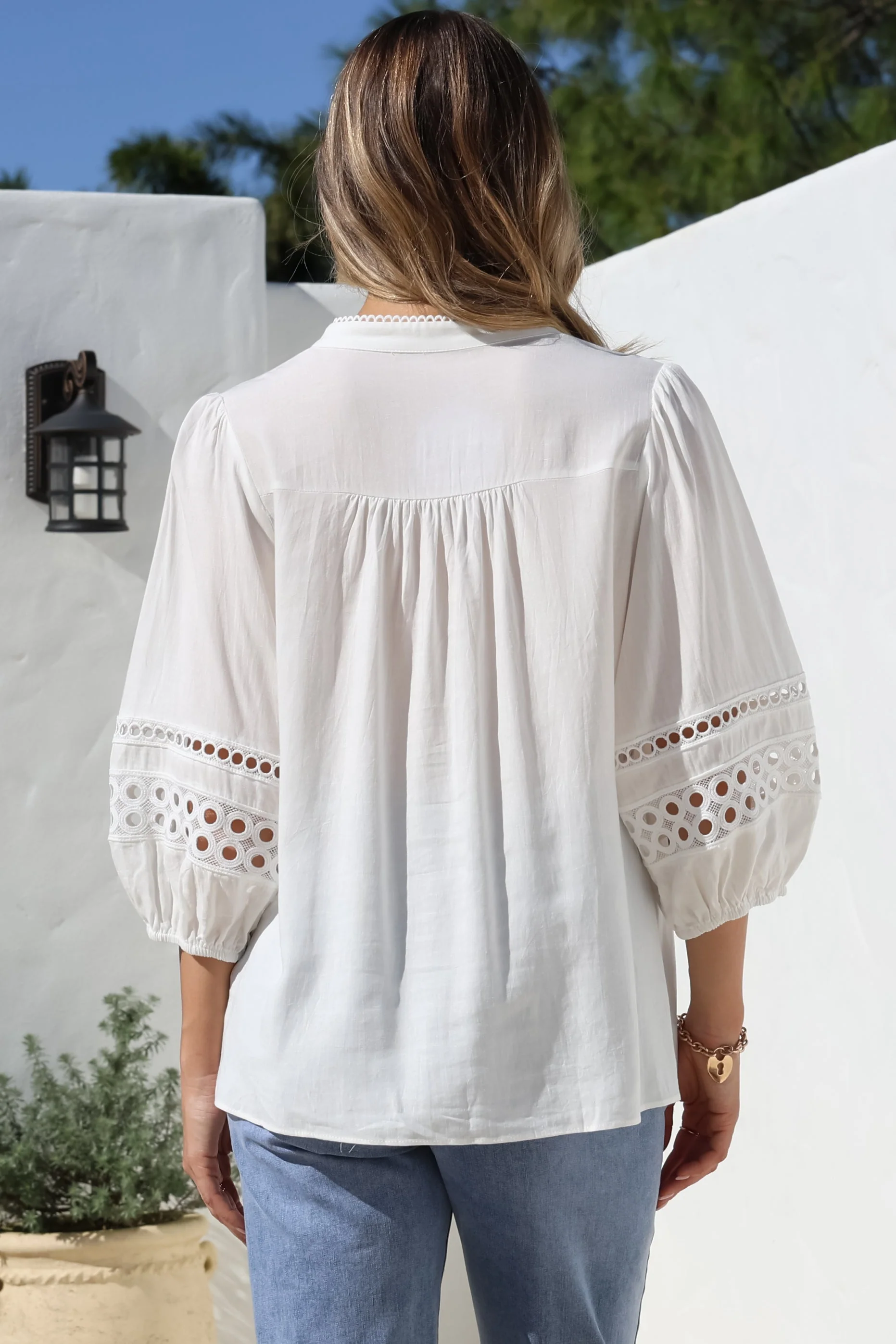 Alyce Shirt - Mandarin Collar Cut Out Detailed Sleeve Button Down in White - Image 12
