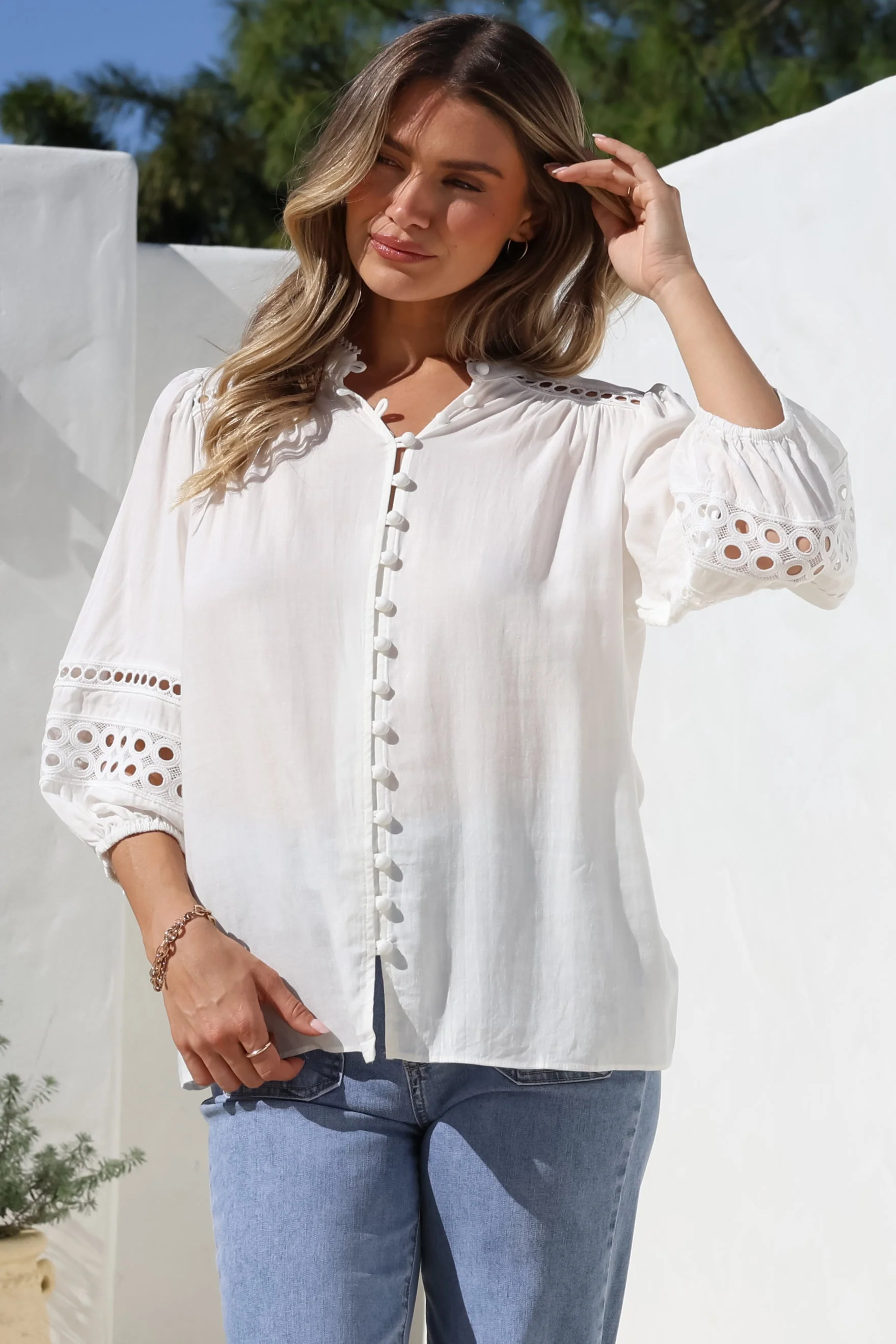 Alyce Shirt - Mandarin Collar Cut Out Detailed Sleeve Button Down in White - Image 3