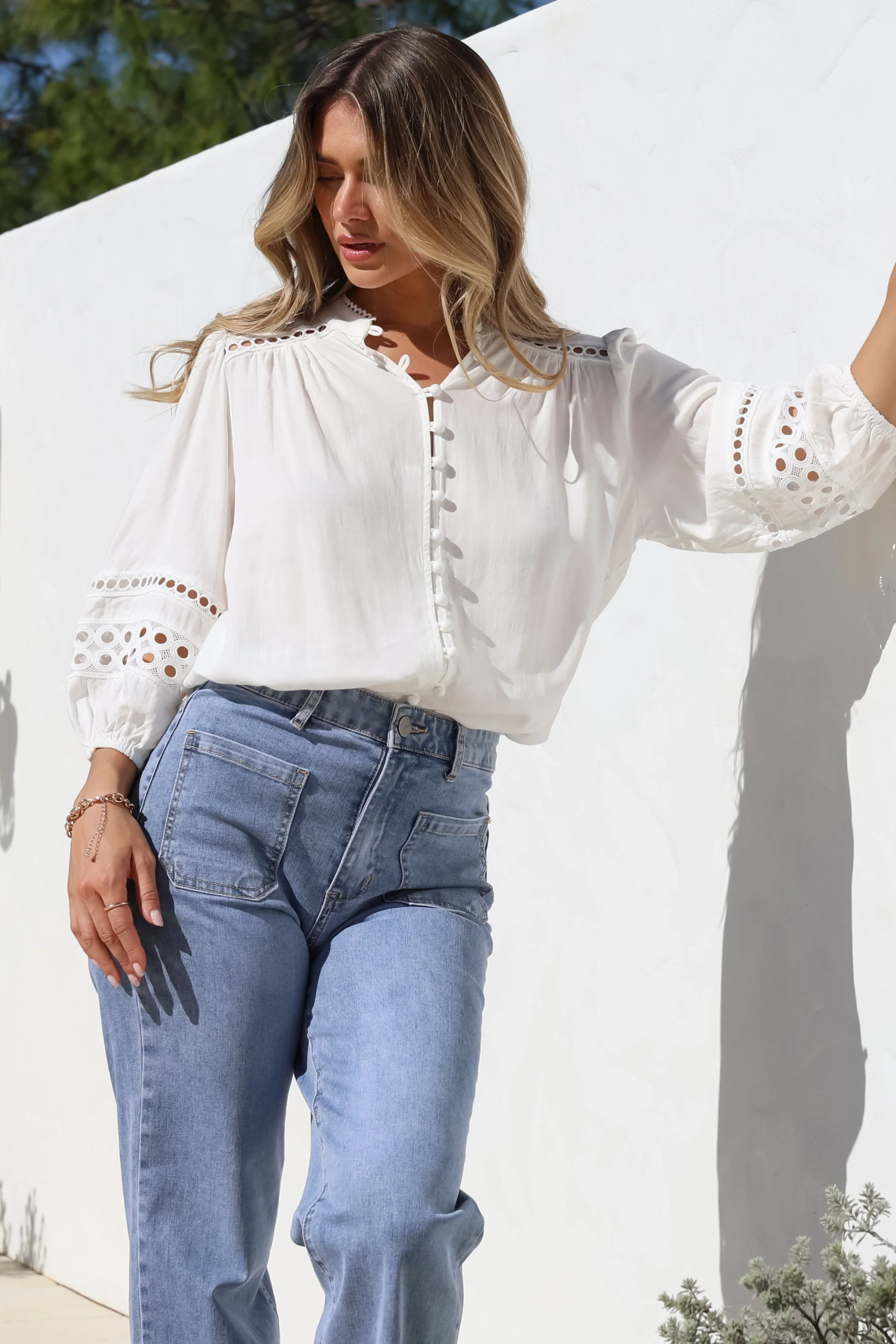 Alyce Shirt - Mandarin Collar Cut Out Detailed Sleeve Button Down in White - Image 5